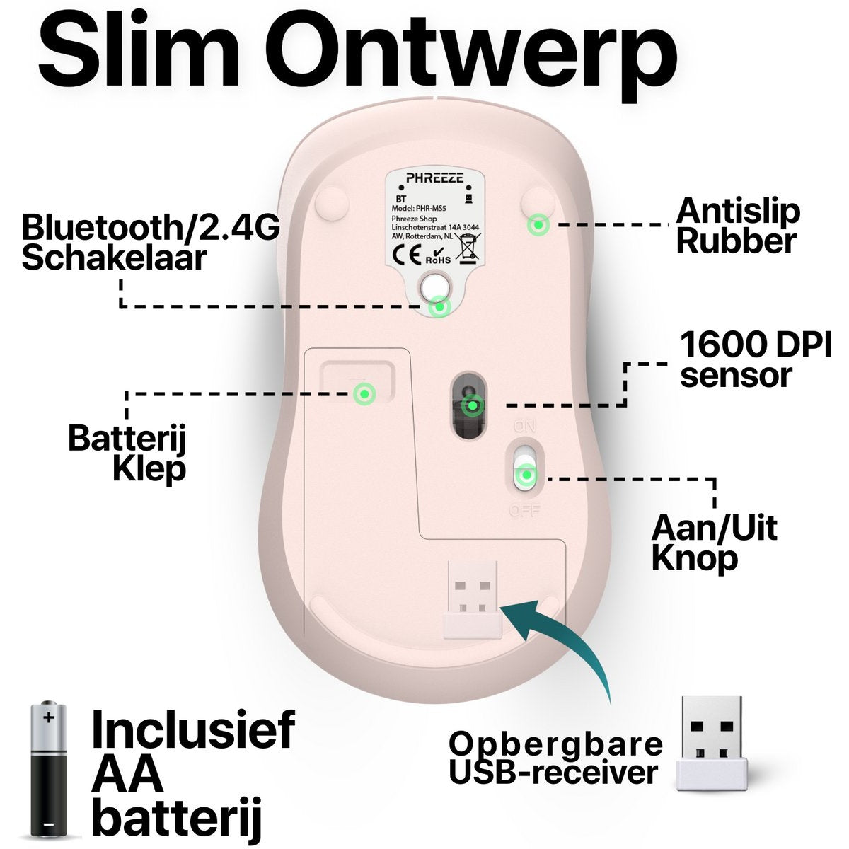 Roze computermuis met labels voor functies zoals Bluetooth, batterij en USB-ontvanger. Inclusief een AA-batterij.