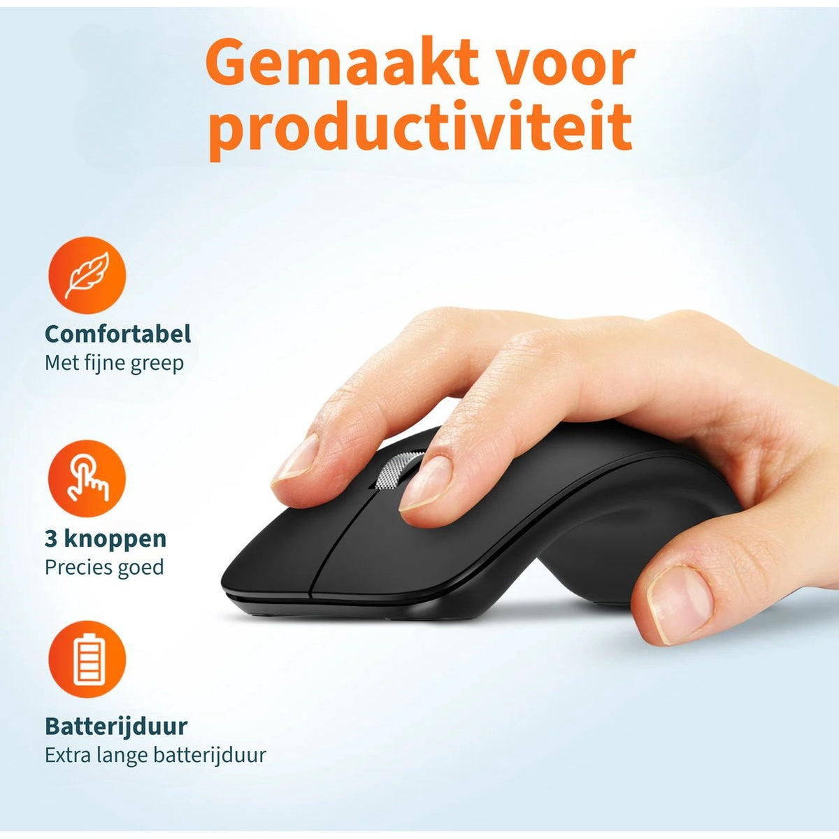 Een hand houdt een zwarte computermuis vast. Nederlandse tekst: 'Gemaakt voor productiviteit', met iconen en beschrijvingen.