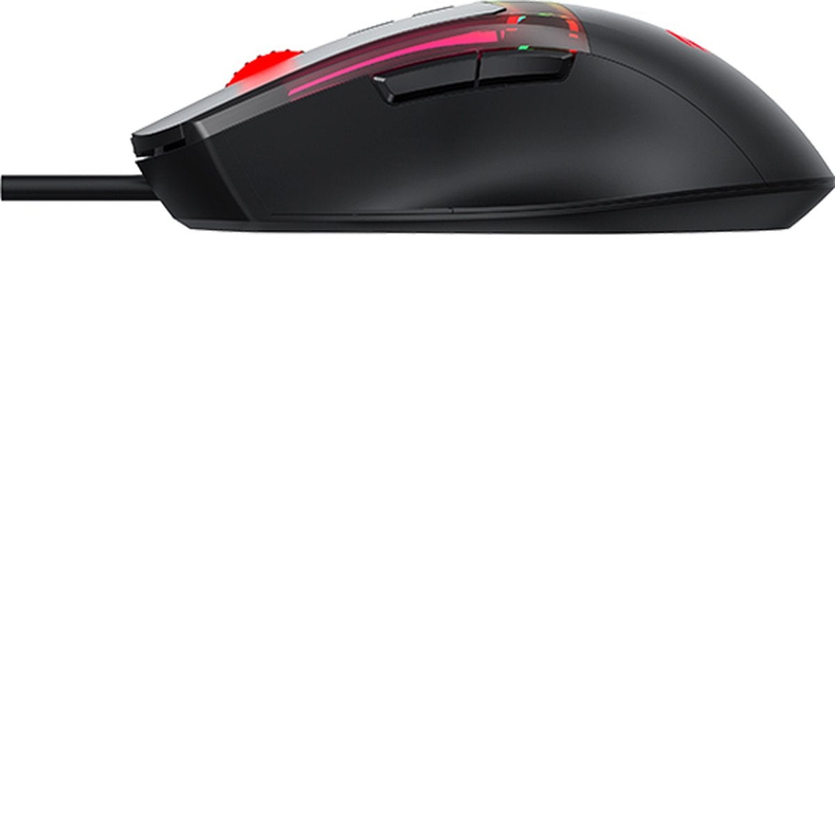 A black gaming mouse with a red and silver top. It has buttons on the side, and a black cable extending from the front.