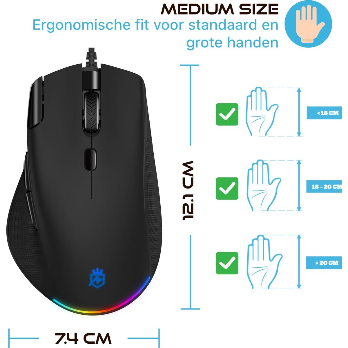 A black computer mouse with dimensions, alongside graphics showing hand sizes and a text in Dutch. The mouse has a blue logo.