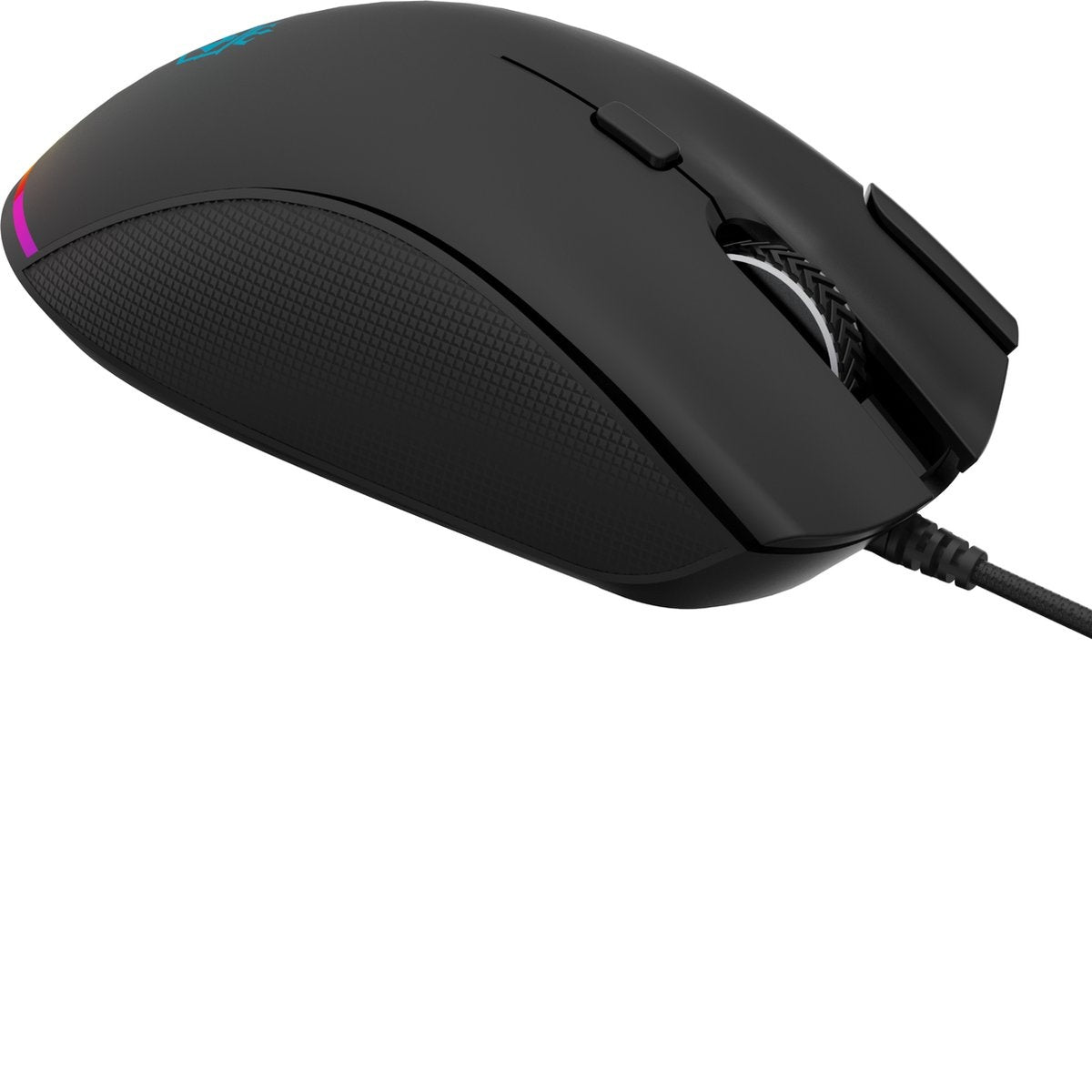 A black computer mouse with a textured side, buttons, and a scroll wheel, connected by a cable. The top has color accents.