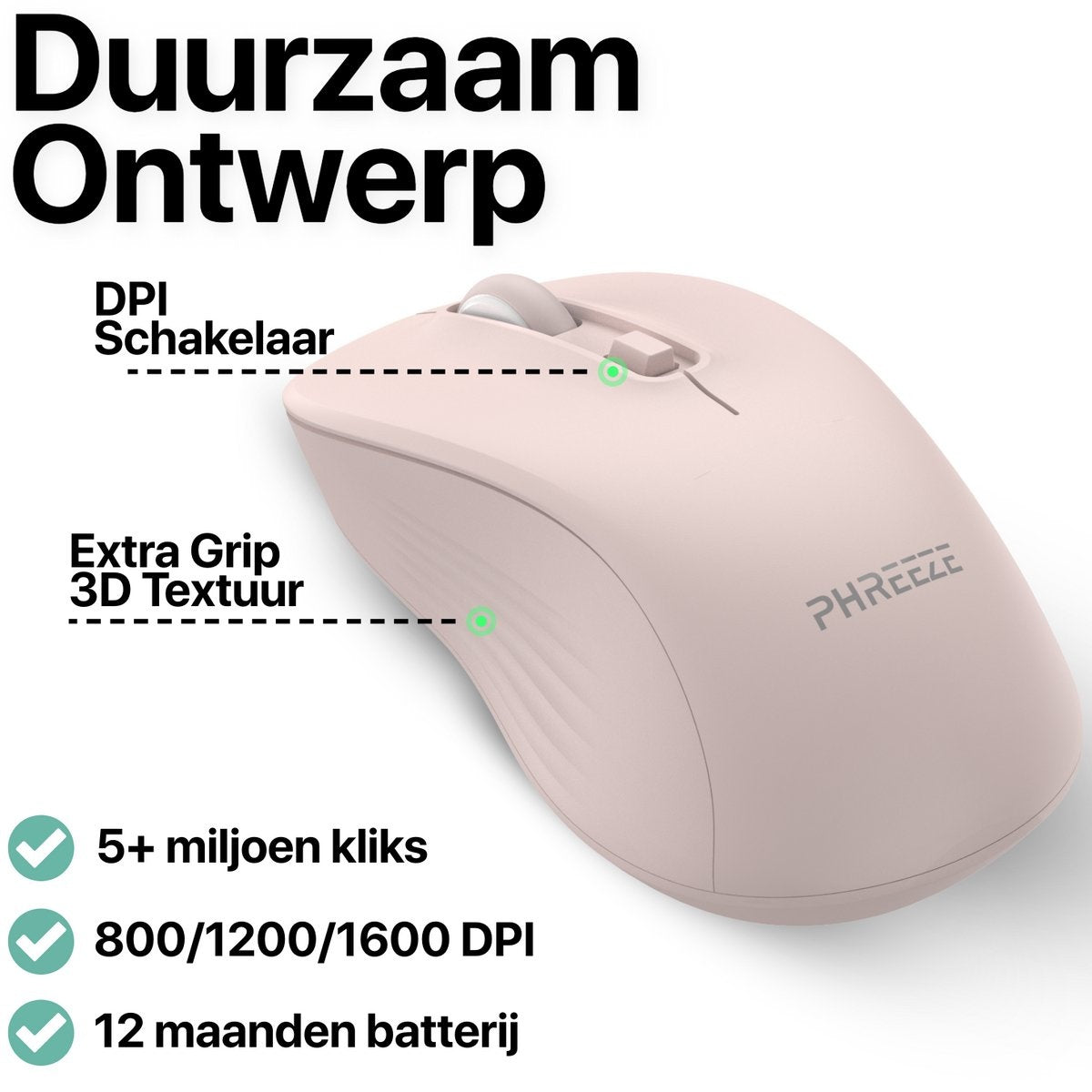 Een roze computermuis met scrollwiel en het merk 'PHREEZE'. Tekst bevat 'DPI Schakelaar' en 'Extra Grip'.