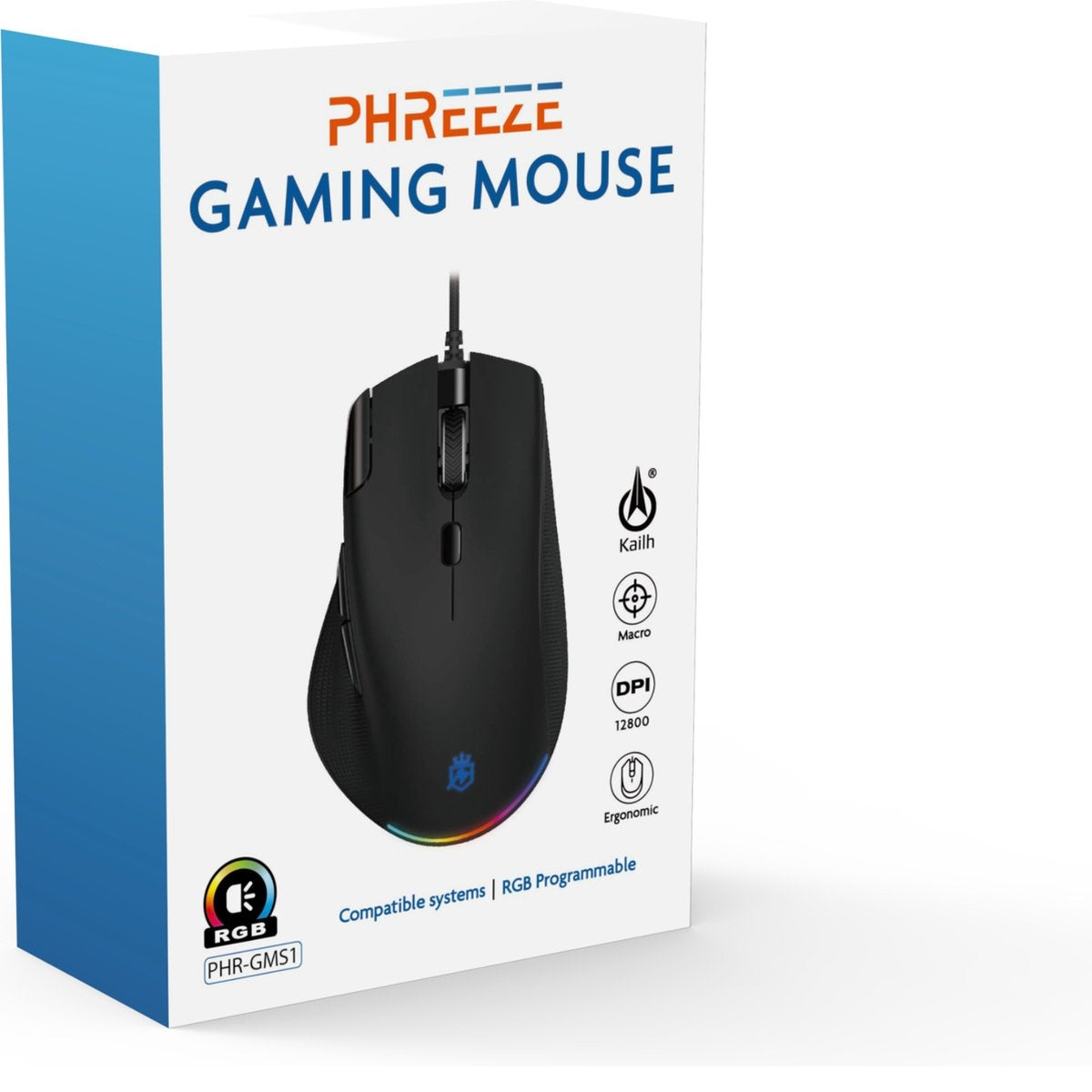 A gaming mouse in a box. The box is white with the brand name 'PHREEZE' and 'GAMING MOUSE'. The mouse is black with RGB lights.