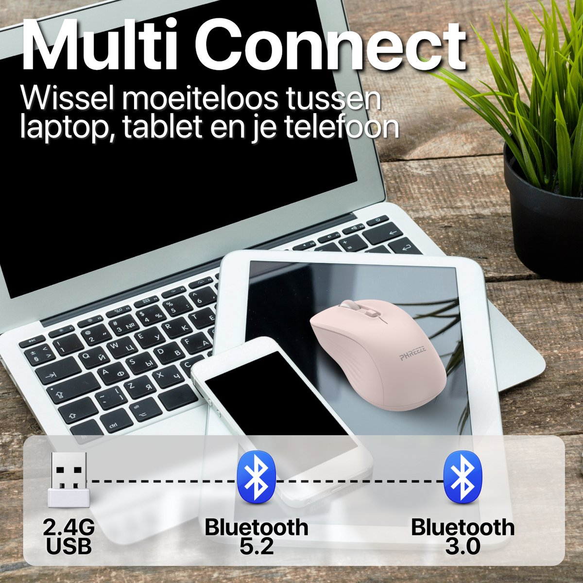 Een laptop, tablet en telefoon met een roze muis. Bluetooth- en USB-connectiviteit worden getoond. Tekst zegt 'Multi Connect'.