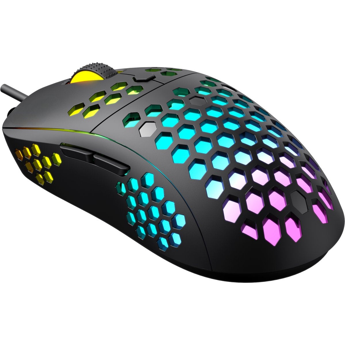 Een zwarte gamingmuis met honingraatontwerp, RGB-verlichting en een gele scrollwiel. Het heeft een kabel.