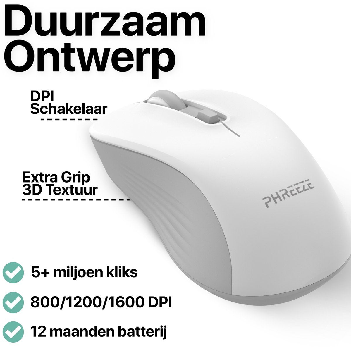 Een witte en grijze computermuis met tekst, waaronder 'Duurzaam Ontwerp' en 'PHREEZE'. Kenmerken zijn DPI, grip en batterijduur.