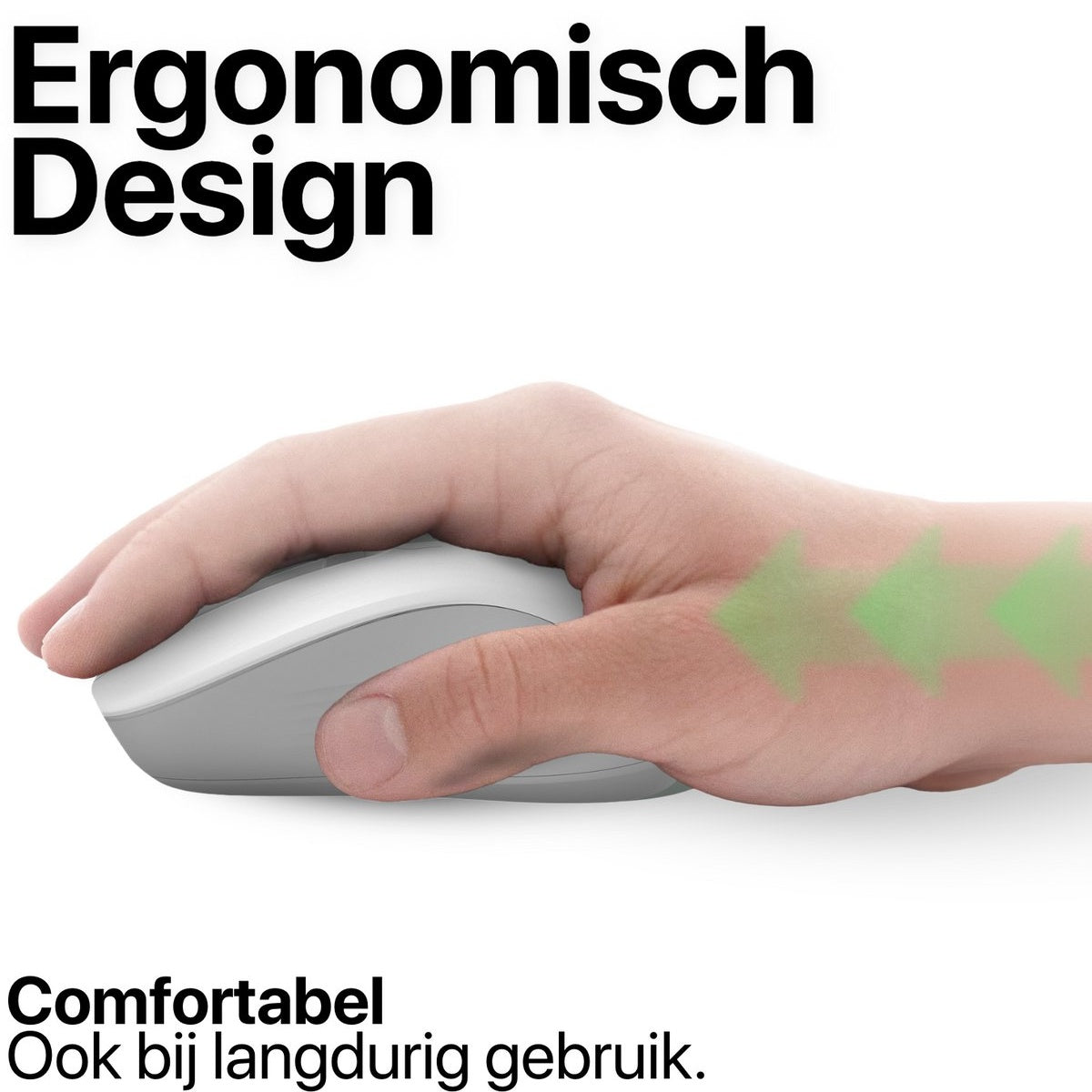 Een hand houdt een witte en grijze muis vast. Groene pijlen op de hand. Tekst: 'Ergonomisch Design' en 'Comfortabel'.