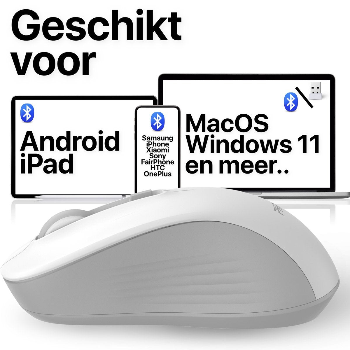 Een witte en grijze muis op de voorgrond. Achter, drie schermen: Android, iPad en MacOS/Windows 11 compatibele apparaten.