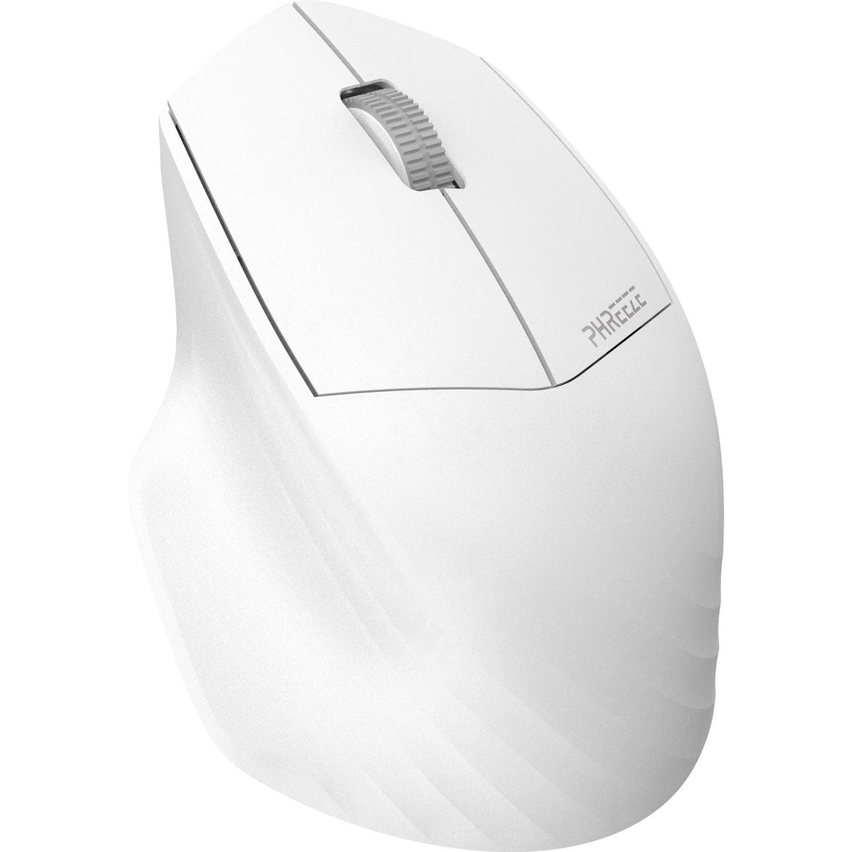 Een witte ergonomische computermuis. Het heeft een scrollwiel en de merknaam 'PHREECE' is zichtbaar.