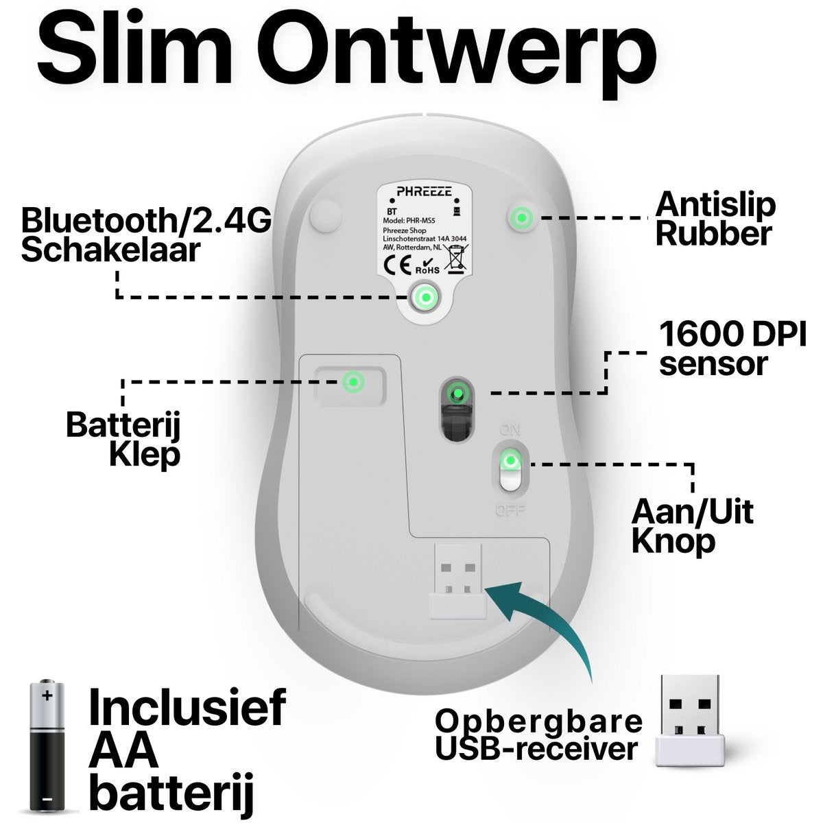 Een witte muis met labels zoals 'Bluetooth', '1600 DPI' en 'USB-ontvanger'. Inclusief een batterij.