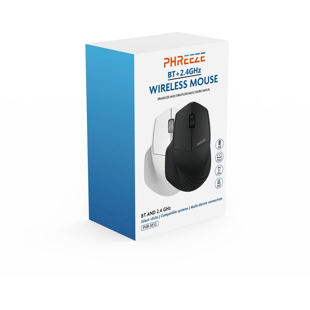 Een witte en zwarte draadloze muis op zijn doos. De doos is wit met blauwe zijkanten en tekst: PHREEZE WIRELESS MOUSE.