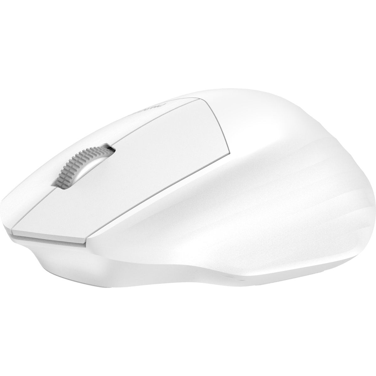 Een witte draadloze computermuis. Het heeft een scrollwiel, een bovenkant en een body. De muis staat op een witte achtergrond.