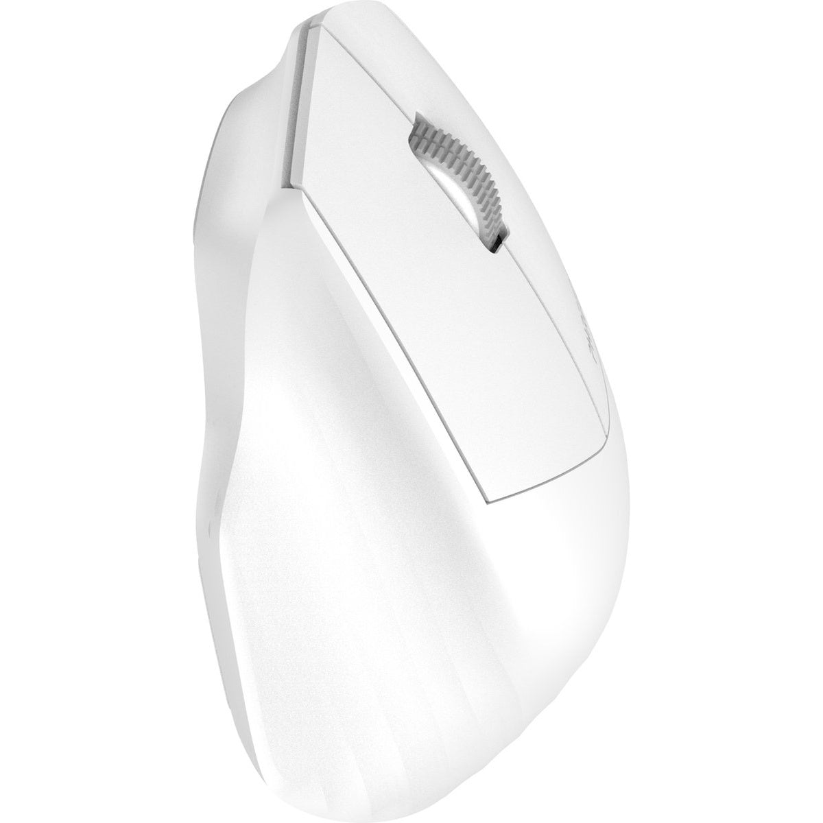 Een witte ergonomische computermuis. Het heeft een scrollwiel en wordt gezien vanuit een iets verhoogde hoek tegen een witte achtergrond.