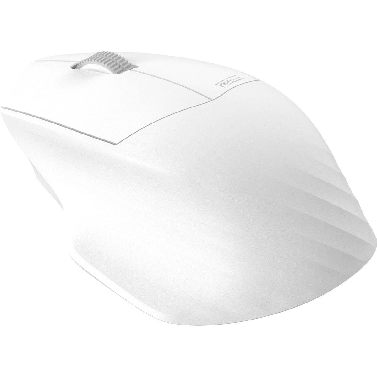 Een witte computermuis. Het heeft een scrollwiel en een merknaam is zichtbaar aan de bovenkant. De muis staat op een witte achtergrond.