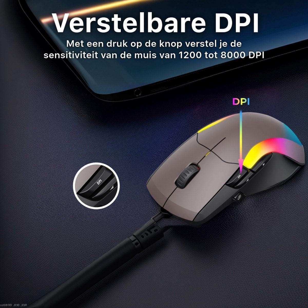 Een computermuis met instelbare DPI. De muis is bruin en zwart, verbonden via een kabel en heeft kleurrijke lichten.