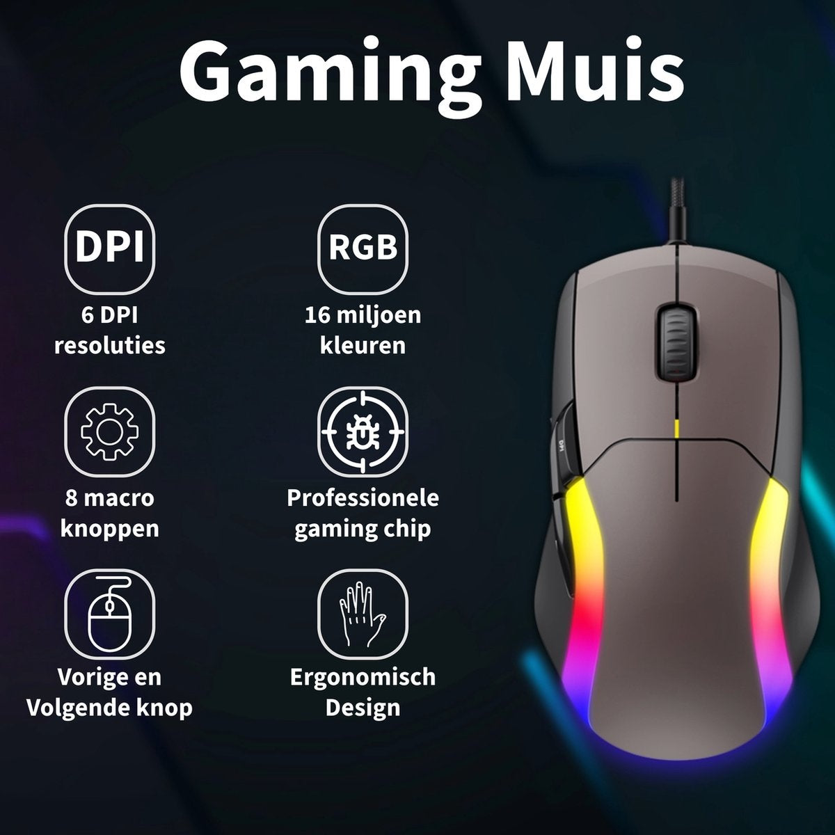 Gaming muis met RGB-verlichting, DPI-instellingen, macroknoppen en ergonomisch ontwerp. De afbeelding bevat Nederlandse tekst.