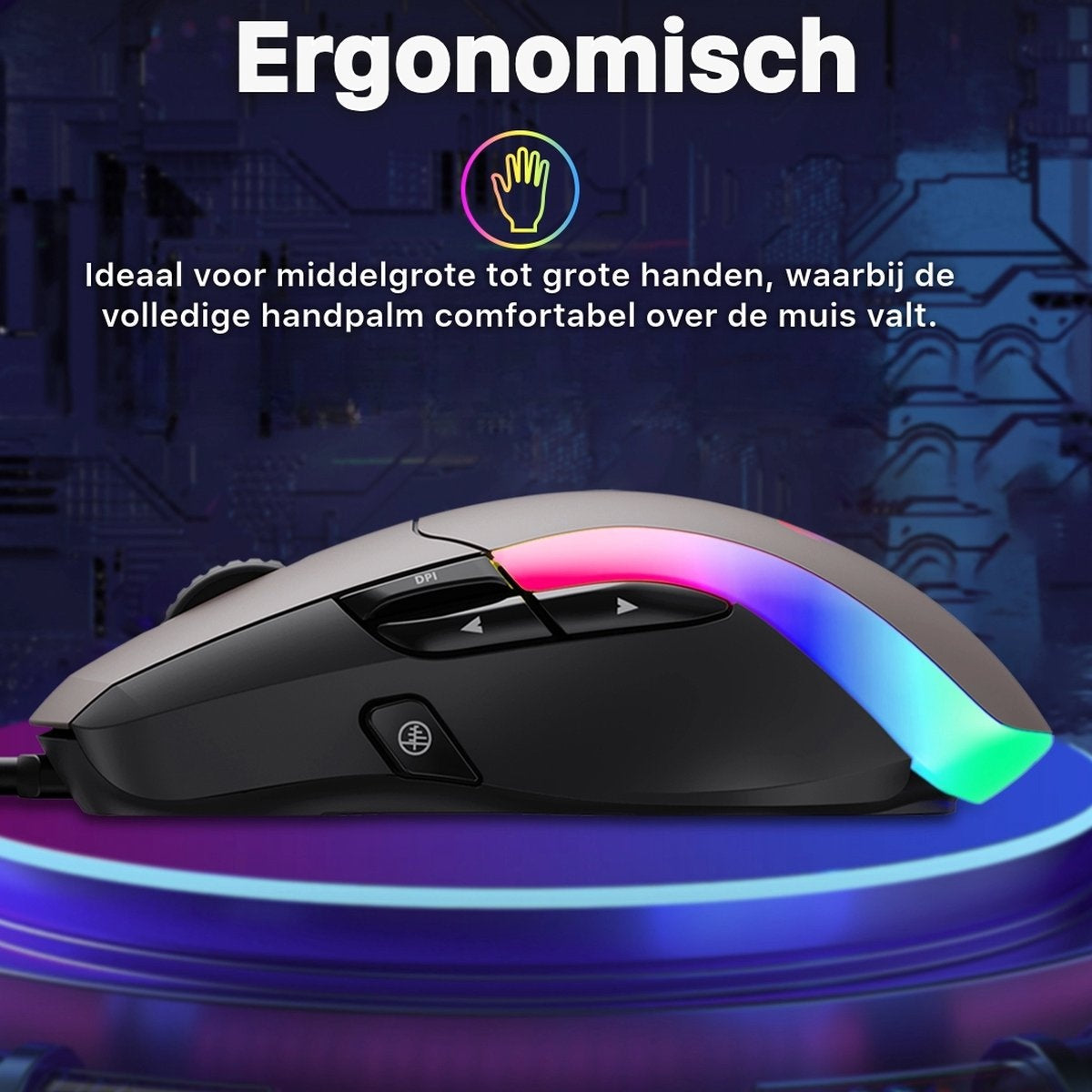 Een zwarte en grijze ergonomische muis met regenboog LED-verlichting. Het heeft DPI-knoppen en een ontwerp voor de handpalmsteun.