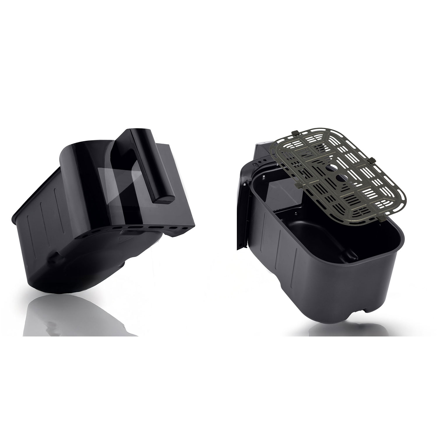 Dwa czarne elementy frytkownicy beztłuszczowej są wyświetlane na białym tle. Jeden zawiera uchwyt, drugi ruszt i kosz.