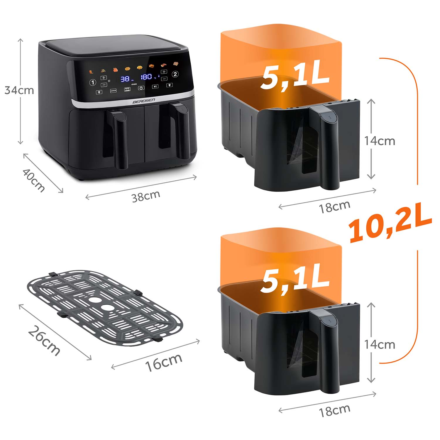 Czarna frytownica beztłuszczowa z dwoma koszami i rusztem do gotowania. Wyświetlane są wymiary i pojemność. Frytownica ma wyświetlacz cyfrowy.
