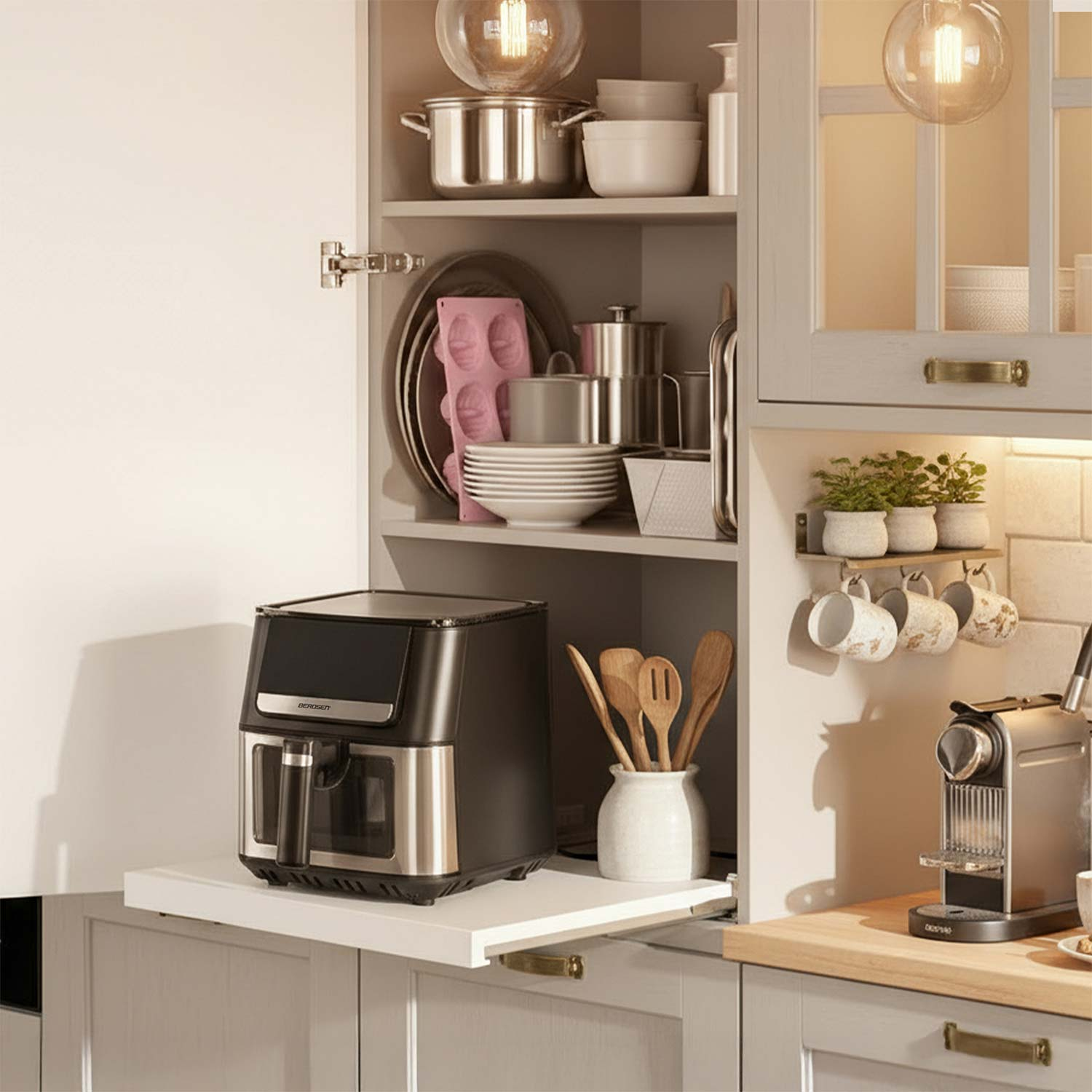 Szafka kuchenna z frytownicą beztłuszczową. Widoczne są talerze, garnki i przybory kuchenne. Ekspres do kawy i kubki na blacie.