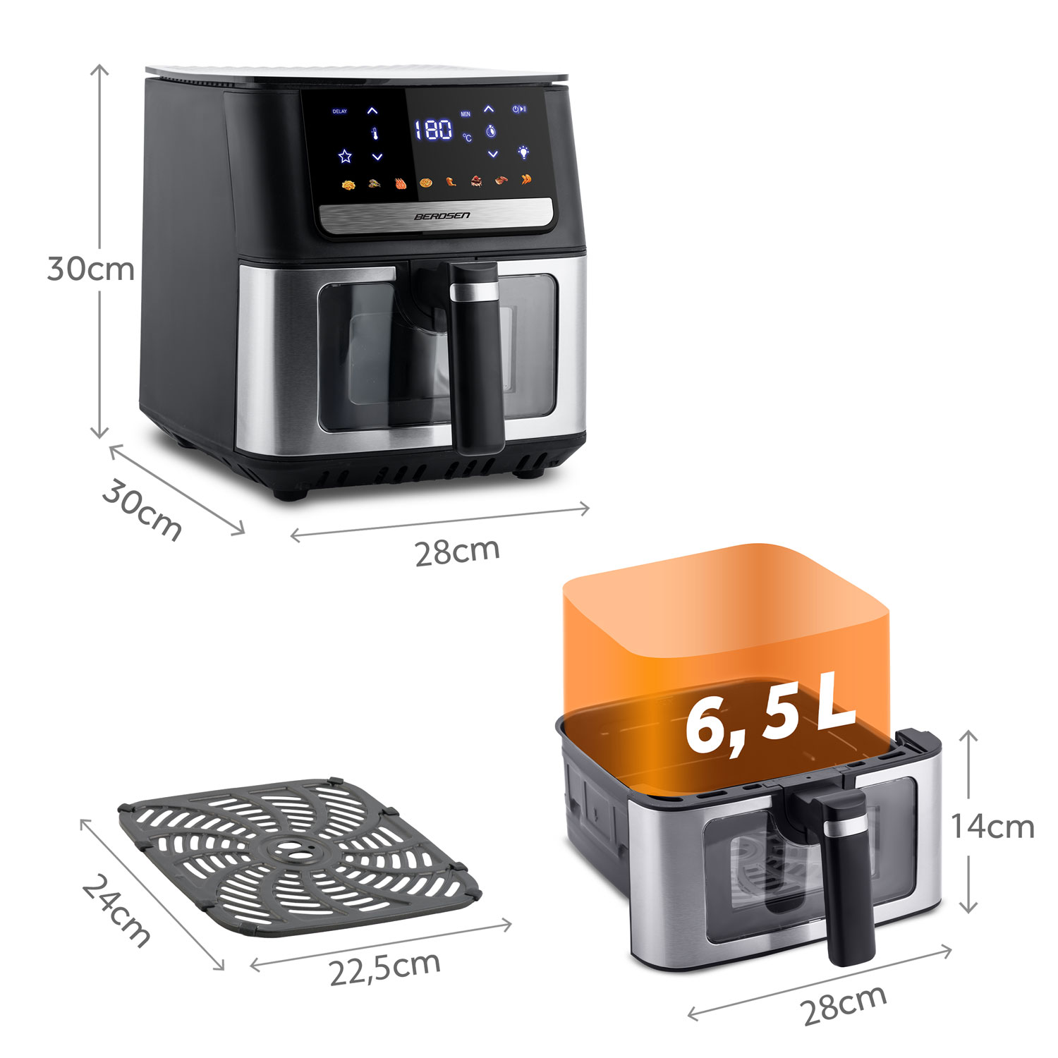 Frytownica powietrzna z wymiarami. Zawiera kosz, ruszt i pomiary, takie jak pojemność 6,5L i temperatura 180°C.