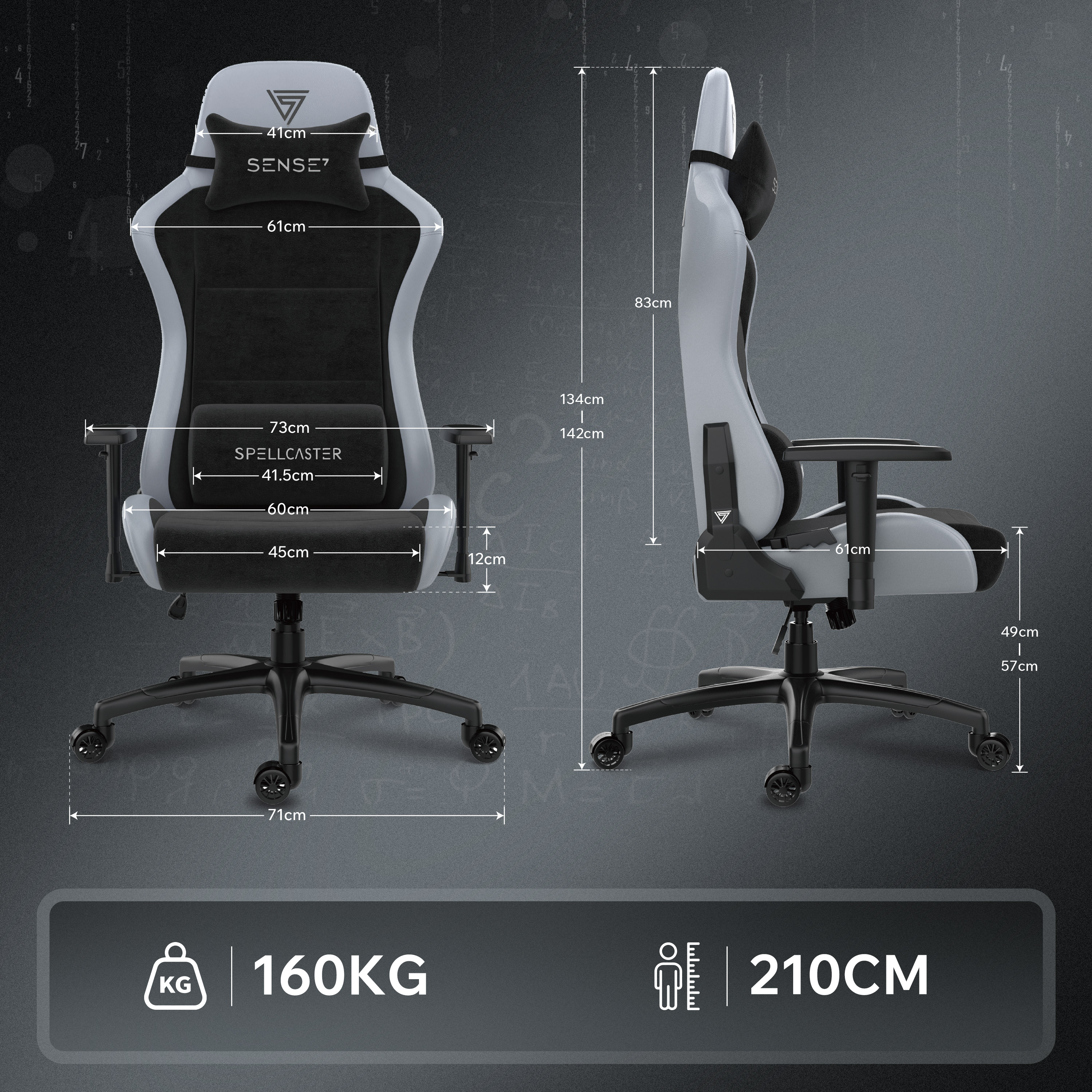 Een gamestoel met afmetingen en gewichtsdetails, inclusief een draagvermogen van 160 kg en een hoogte van 210 cm.
