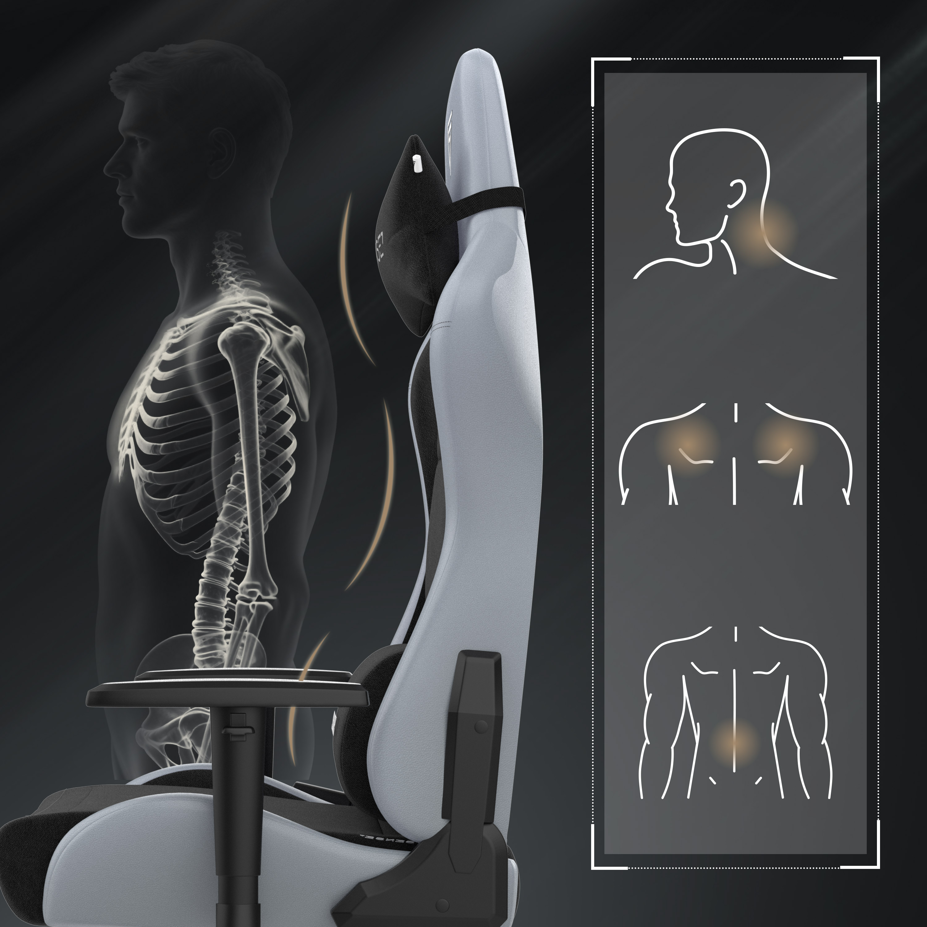 Anatomie van een gamestoel, met zichtbaar skelet. Diagrammen tonen drukpunten en houding.