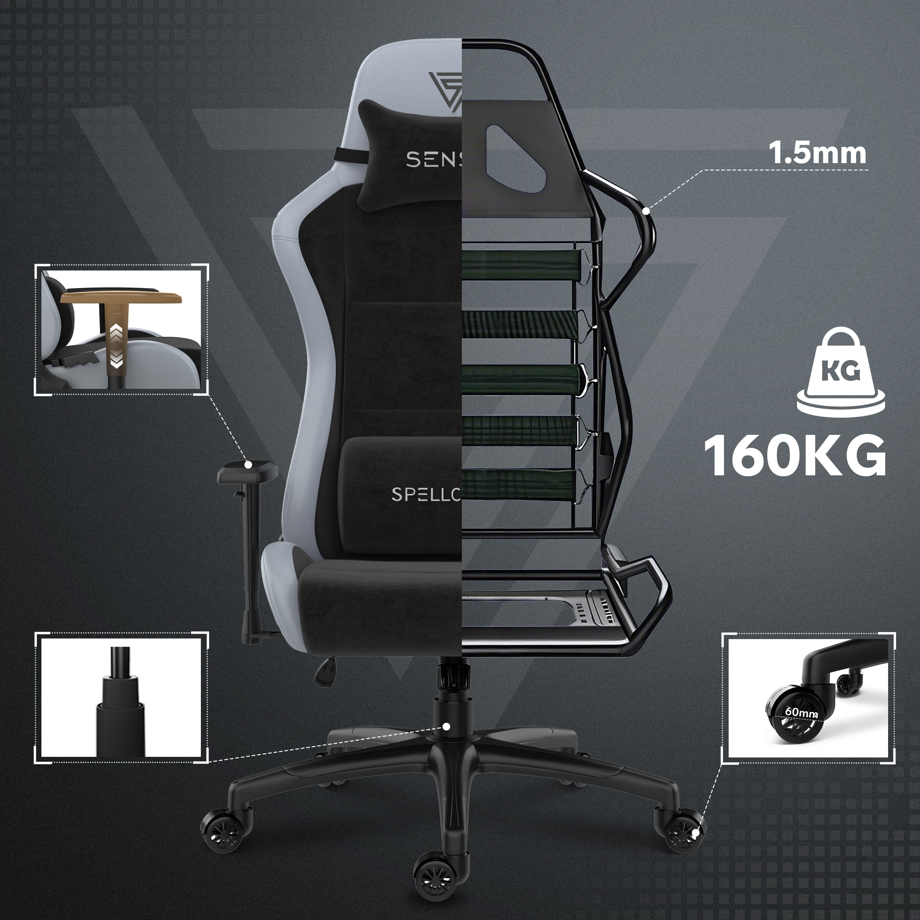 Gaming stoel met zwart en grijs design. Armleuningen, hoofdsteun en wielen. Toont gewichtscapaciteit: 160KG.
