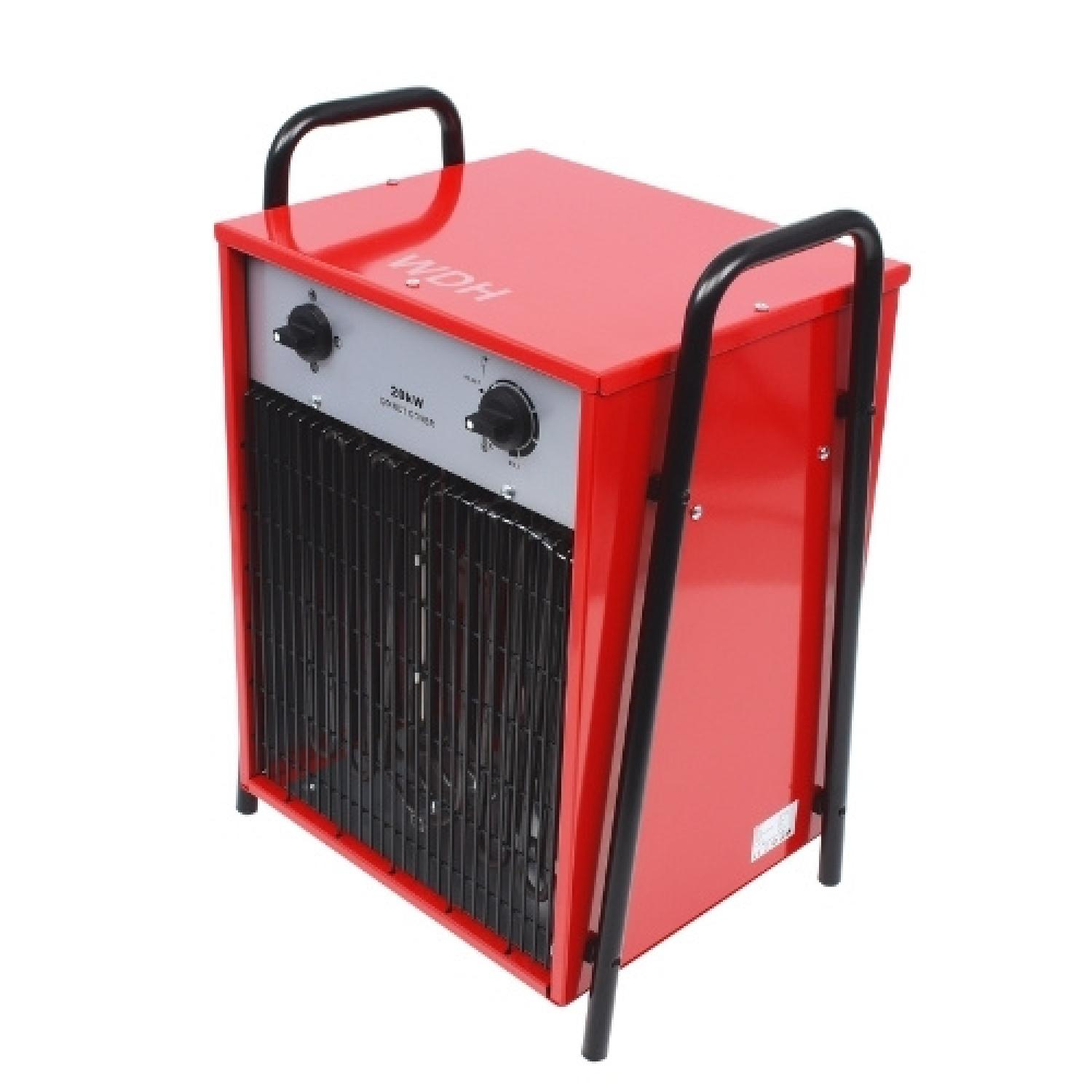 Ein roter und schwarzer Elektroheizer mit Griff. Es hat Knöpfe und ein Gitter. Der Markenname WDH ist sichtbar.