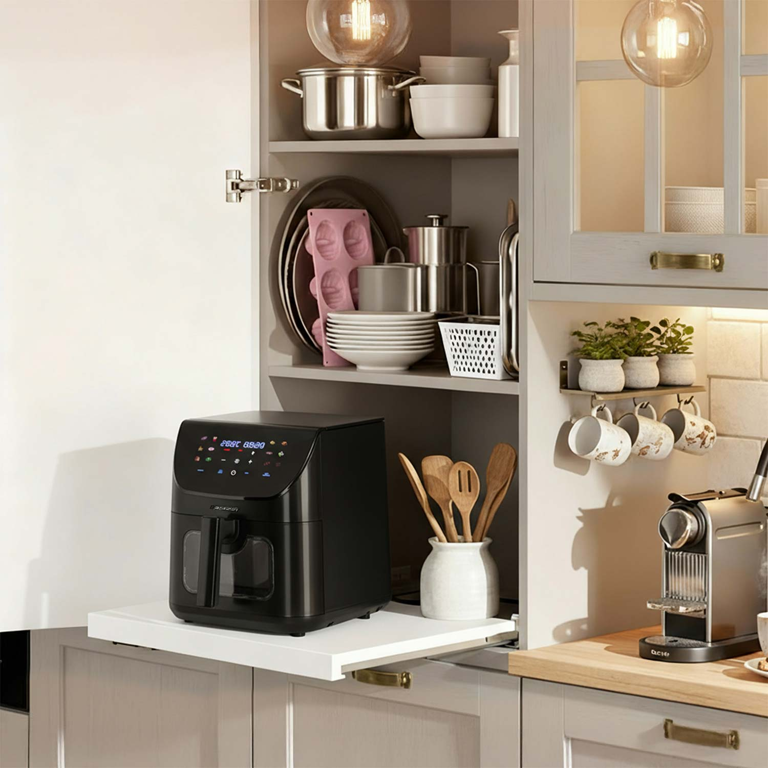 Scena kuchenna z czarną frytkownicą na wysuwanej półce. Szafki zawierają naczynia i przybory kuchenne. Ekspres do kawy stoi na blacie.