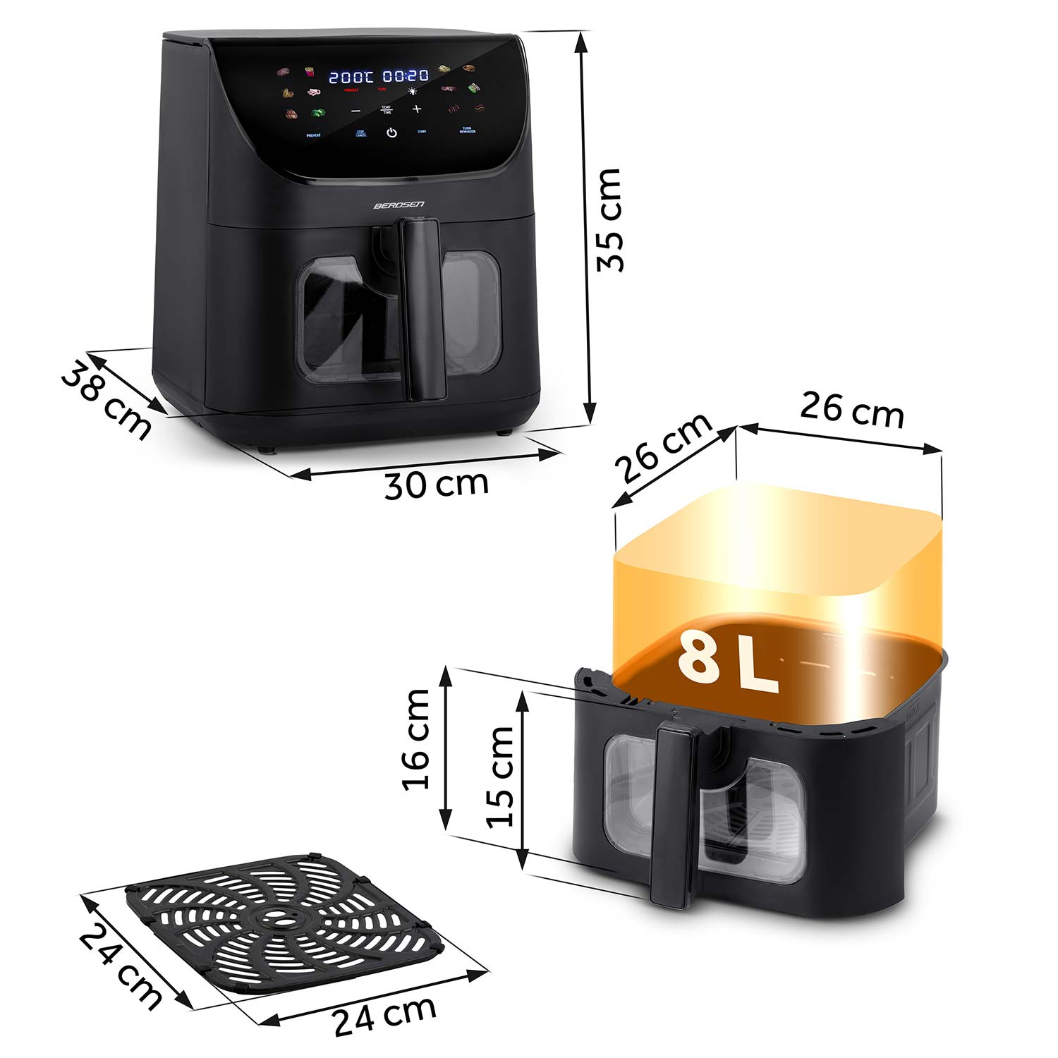 Czarna frytownica powietrzna z wymiarami. Zawiera 8L pojemności, panel sterowania i grill. Wymiary w cm.