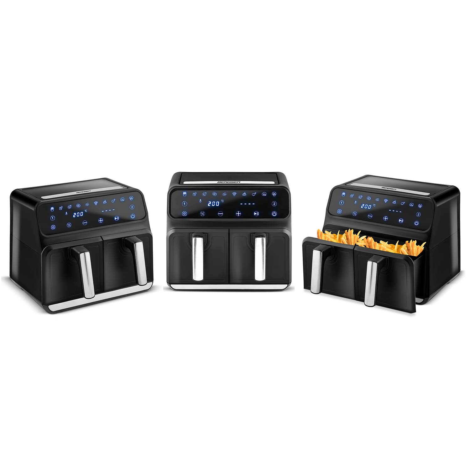 Trzy czarne frytownice powietrzne z wyświetlaczami cyfrowymi. Jedna ma frytki. Obecne są srebrne uchwyty. Wszystko na białym tle.