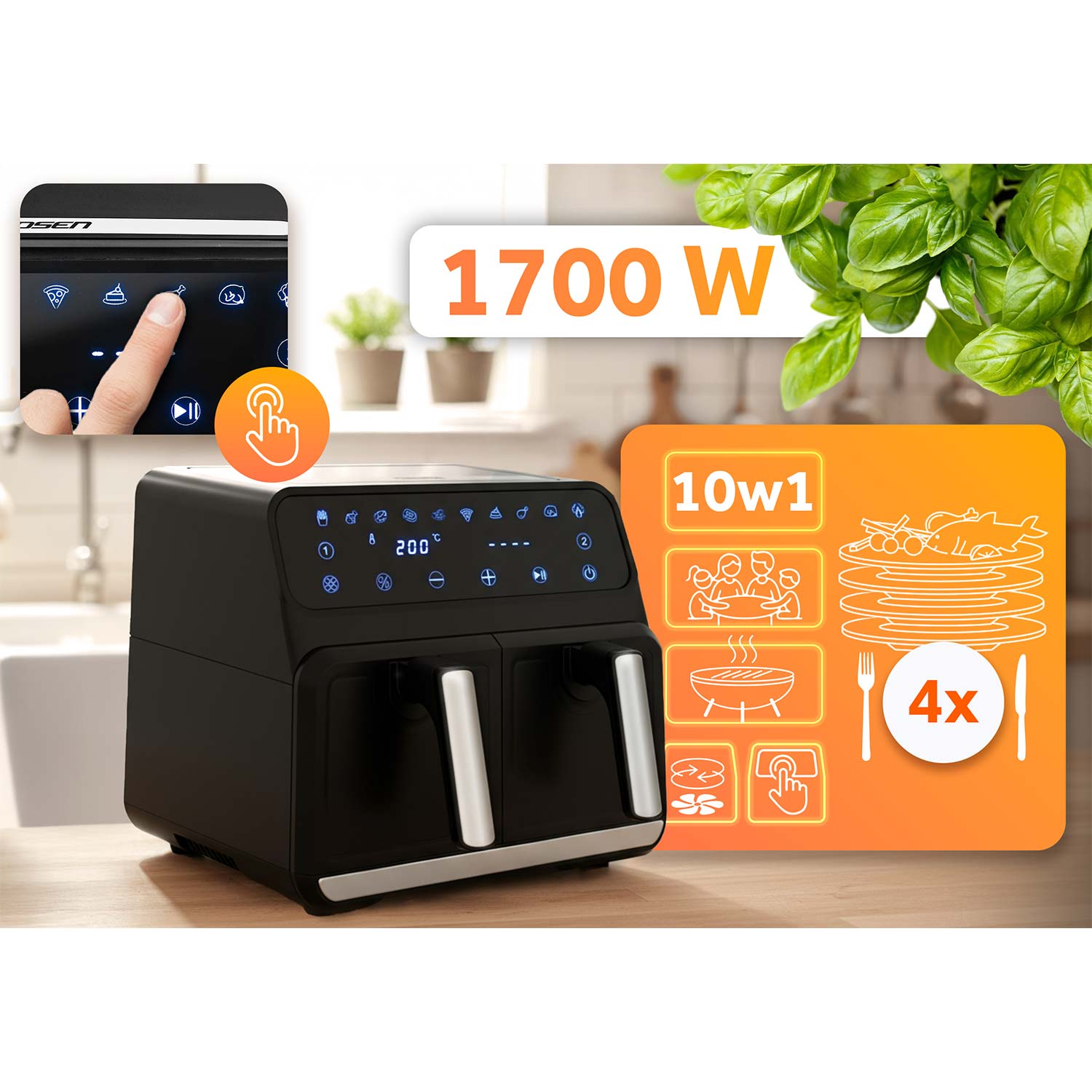 Czarna frytkownica powietrzna z ekranem dotykowym, 1700W i funkcjami 10 w 1. Liście bazylii w tle. Palec dotyka ekranu.
