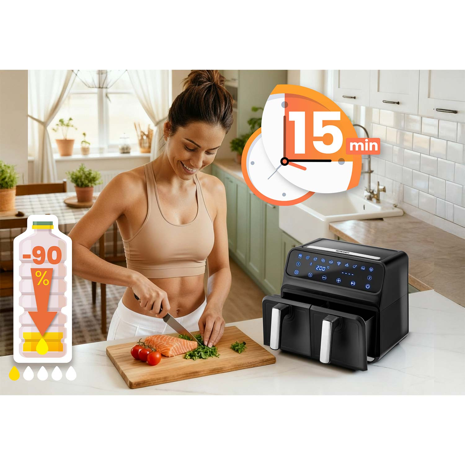 Kobieta kroi łososia na drewnianej desce obok pomidorów i ziół. Frytownica powietrzna jest po prawej, a timer jest widoczny.