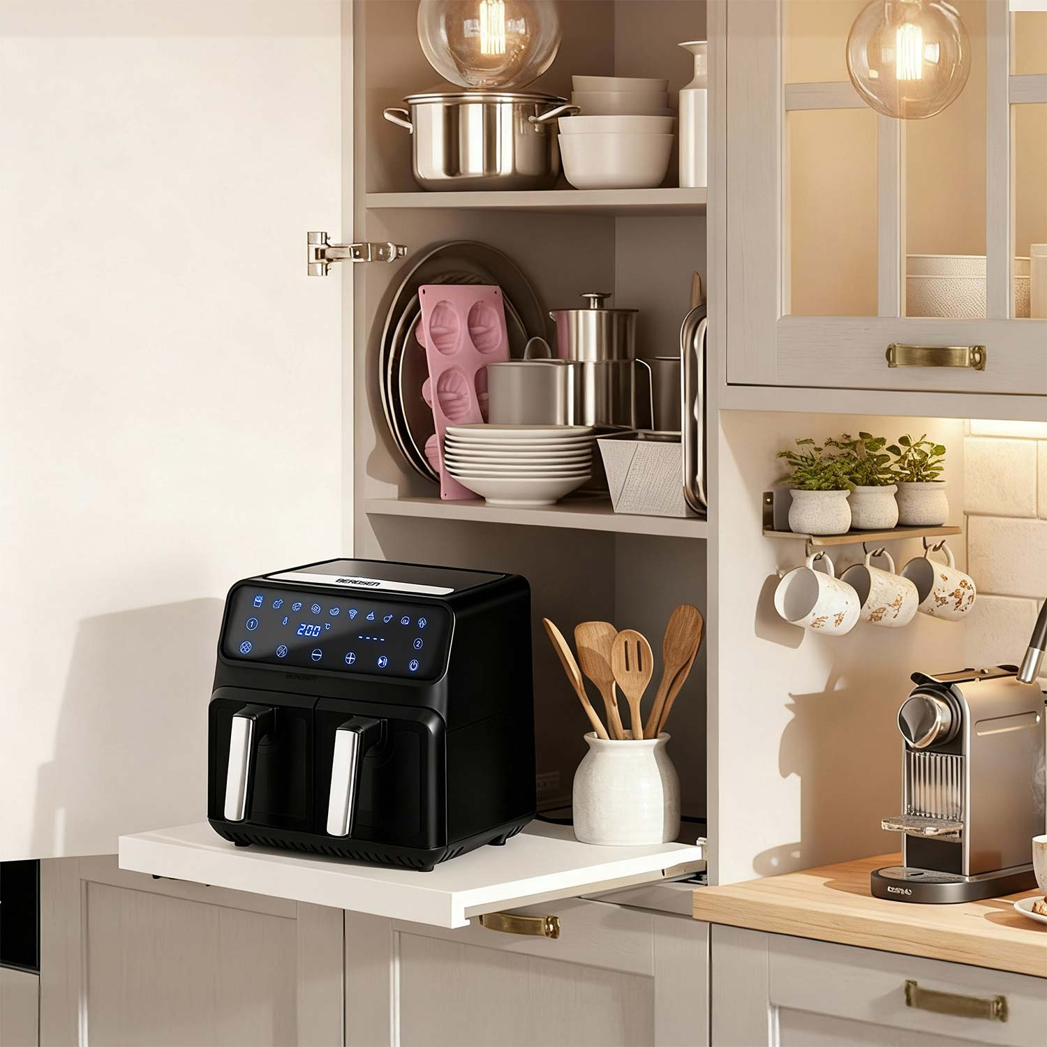 Scena kuchenna z frytownicą na wysuwanym regale. Szafki zawierają naczynia i naczynia kuchenne. Ekspres do kawy stoi na blacie.