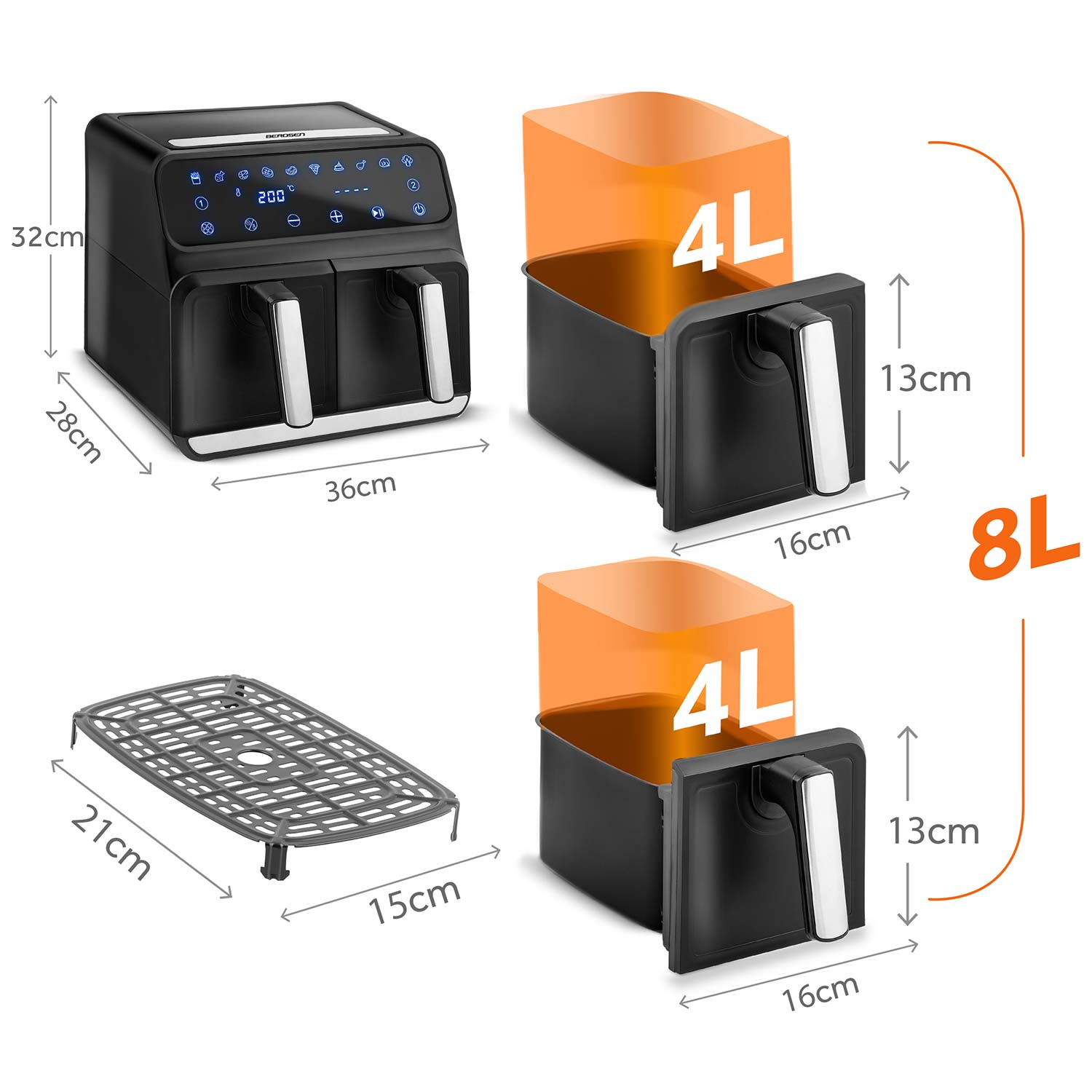 Frytownica beztłuszczowa z dwoma czarnymi koszami, pomarańczowym pojemnikiem wewnętrznym i rusztem. Ma 8L, a każdy kosz 4L. Wymiary są pokazane.
