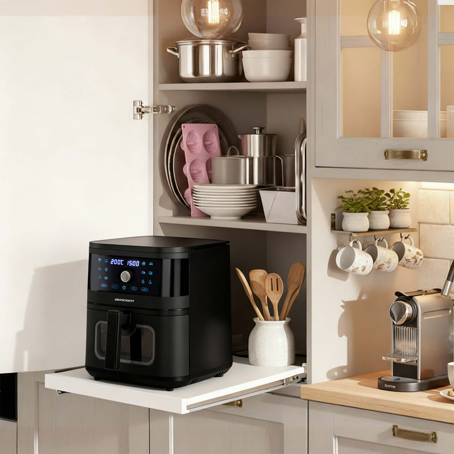 Czarna frytownica na wysuwanej półce w kuchni. Widoczne są również szafki, naczynia i ekspres do kawy.