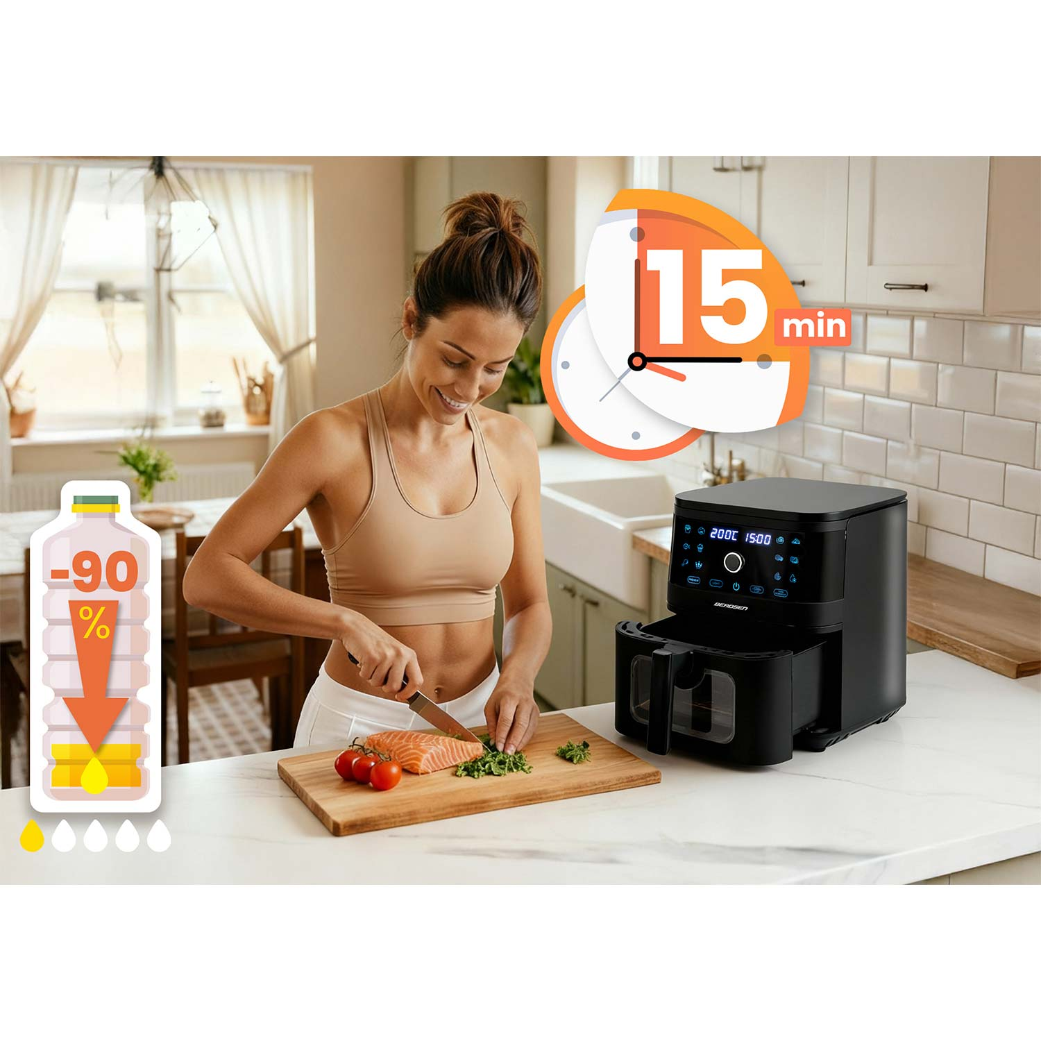 Kobieta kroi łososia na desce do krojenia. Jest frytkownica i grafika pokazująca 90% redukcję oleju.