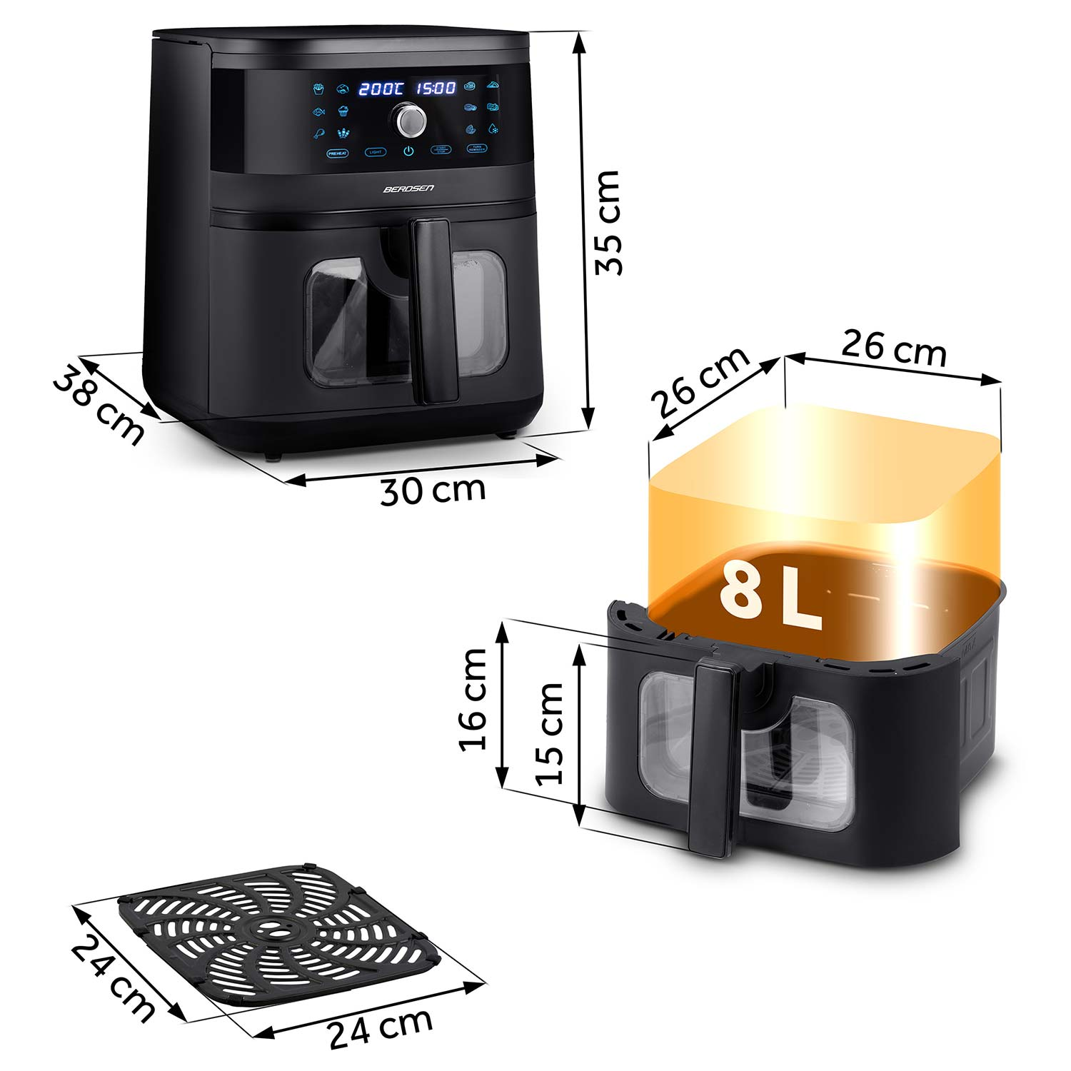 Czarna frytownica powietrzna z wymiarami. Zawiera kosz 8L, ruszt i cyfrowy wyświetlacz temperatury i czasu.