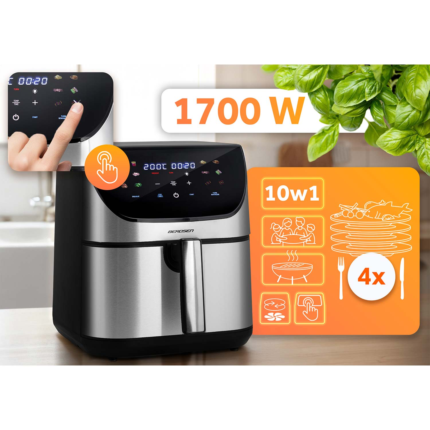 Frytownica powietrzna z wyświetlaczem cyfrowym. Wyświetlacz pokazuje czas i temperaturę. Pomarańczowe ikony wskazują funkcje. Bazylia w tle.