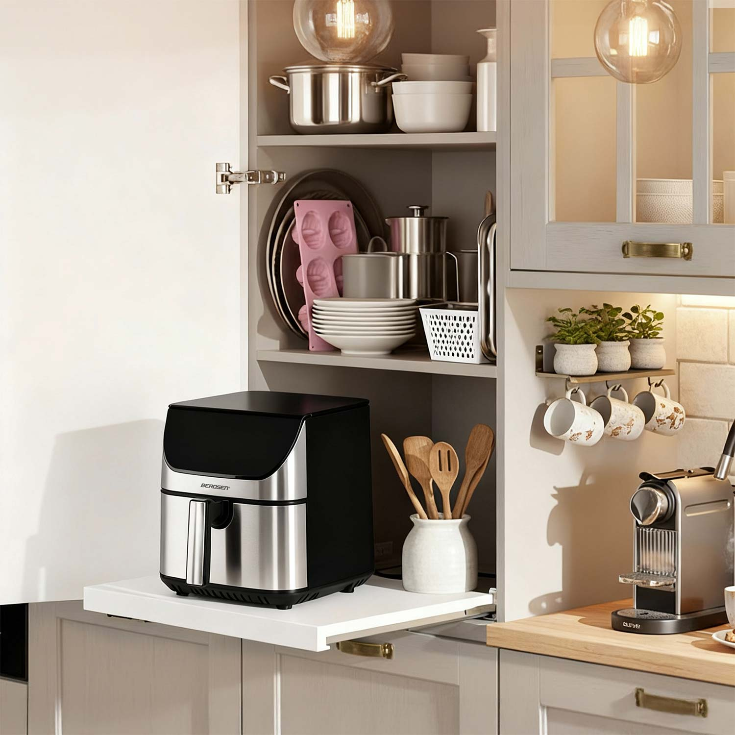 Szafka kuchenna z otwartymi drzwiami ukazująca naczynia, garnki i frytkownicę powietrzną. Ekspres do kawy i kubki po prawej.