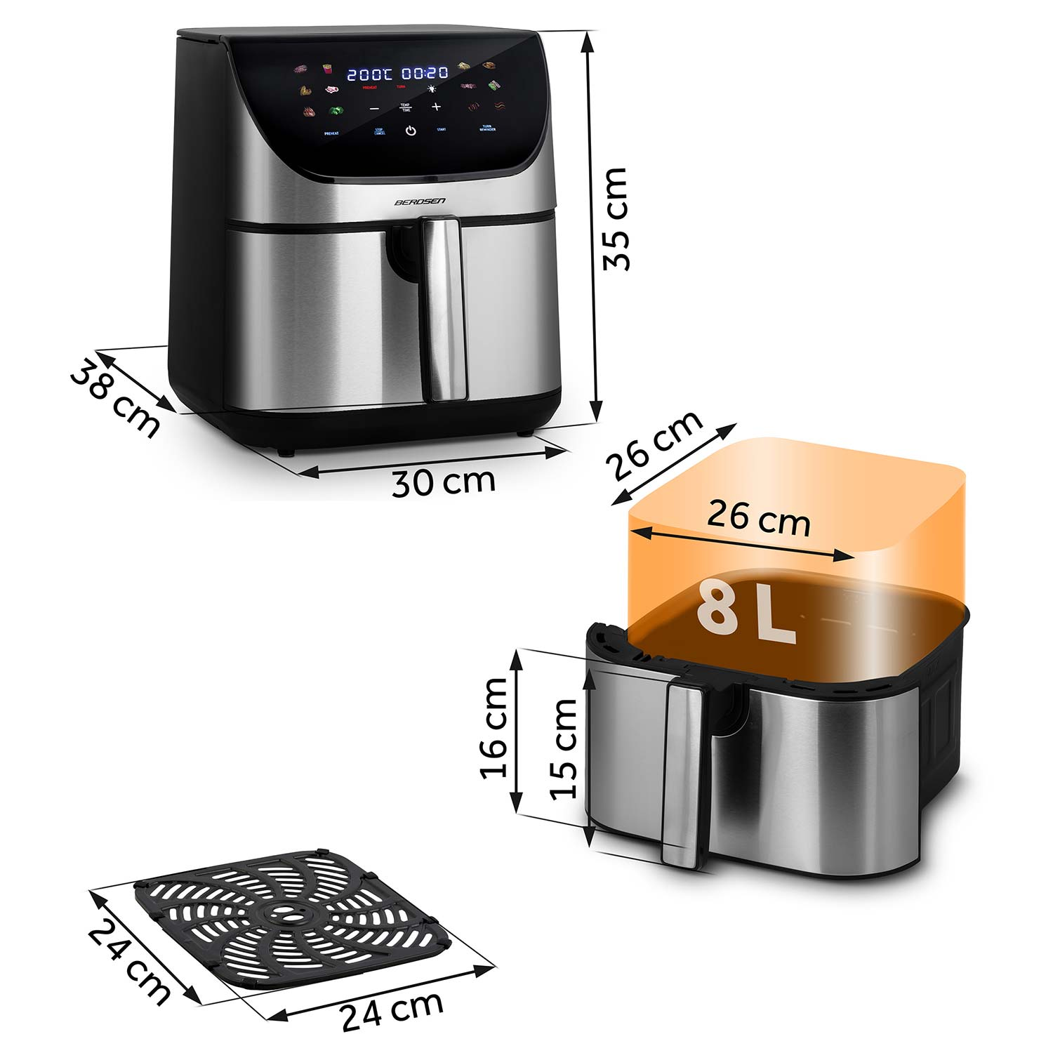 Frytownica powietrzna z wymiarami. Posiada cyfrowy wyświetlacz temperatury i czasu. Zawiera ruszt i kosz o pojemności 8L.