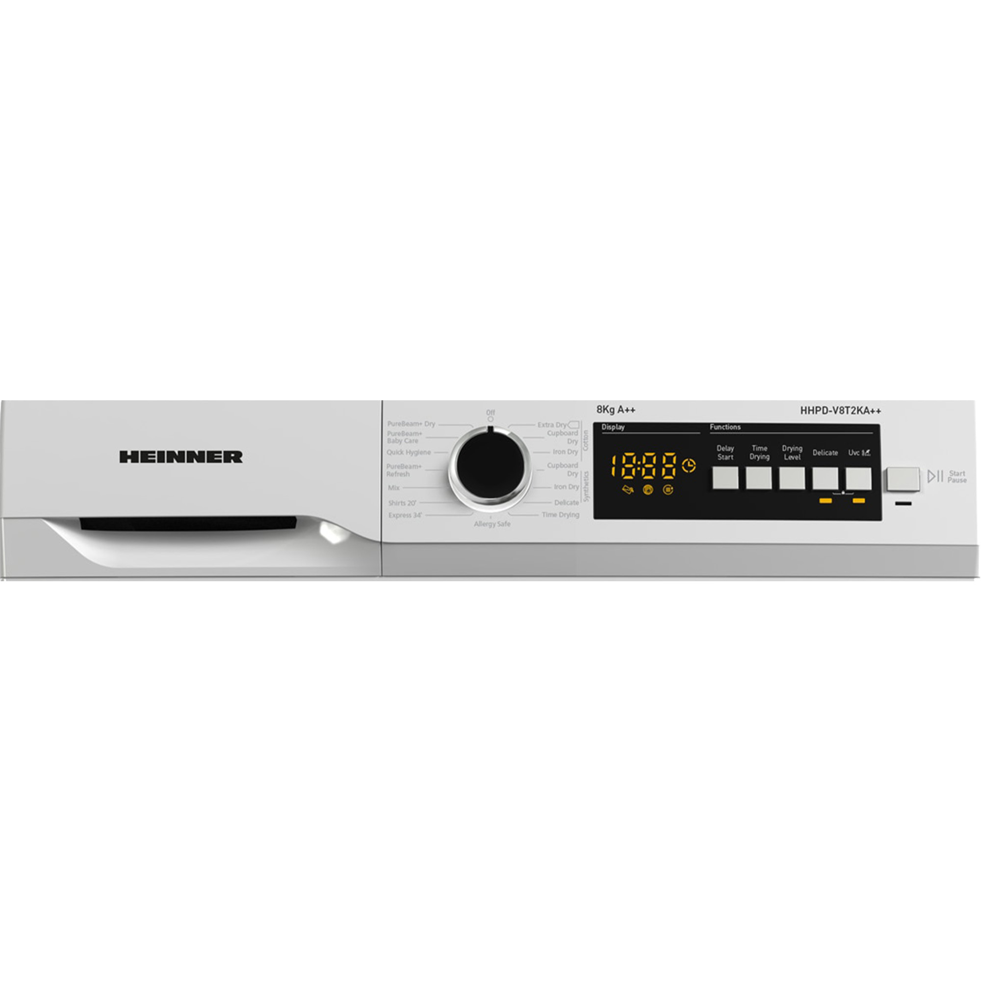 White dryer with black control panel and display. Text includes 'Heinner', '8Kg A++', and drying options.
