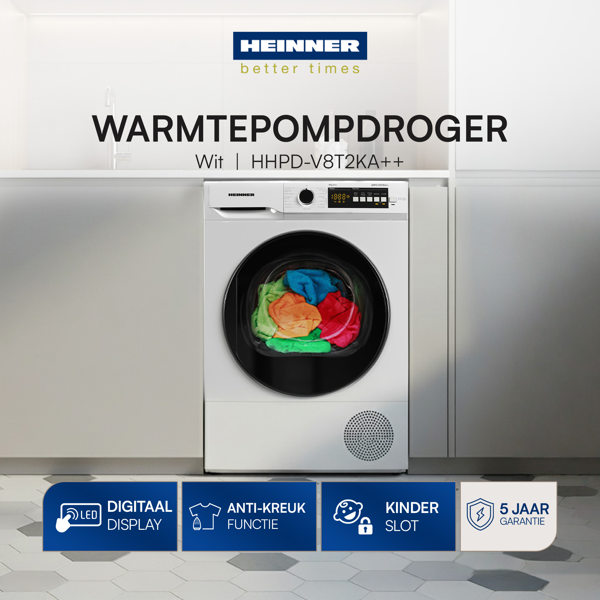 A white dryer with a black door. Inside the door, there are colorful clothes. Below, there are blue icons.