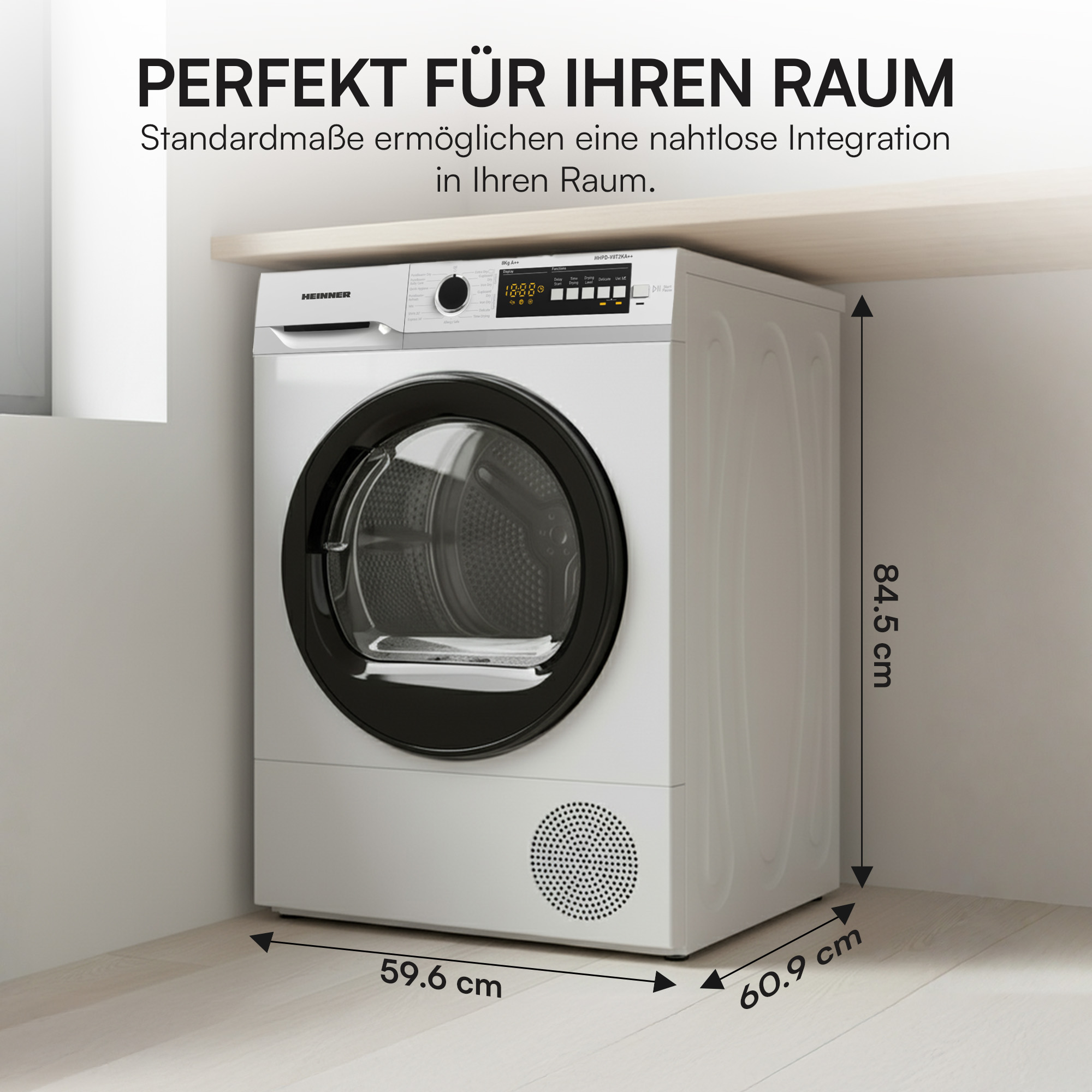 Ein weißer Trockner mit beschrifteten Abmessungen. Text oben: 'Perfekt für Ihr Zimmer'. Produktabmessungen werden angezeigt.