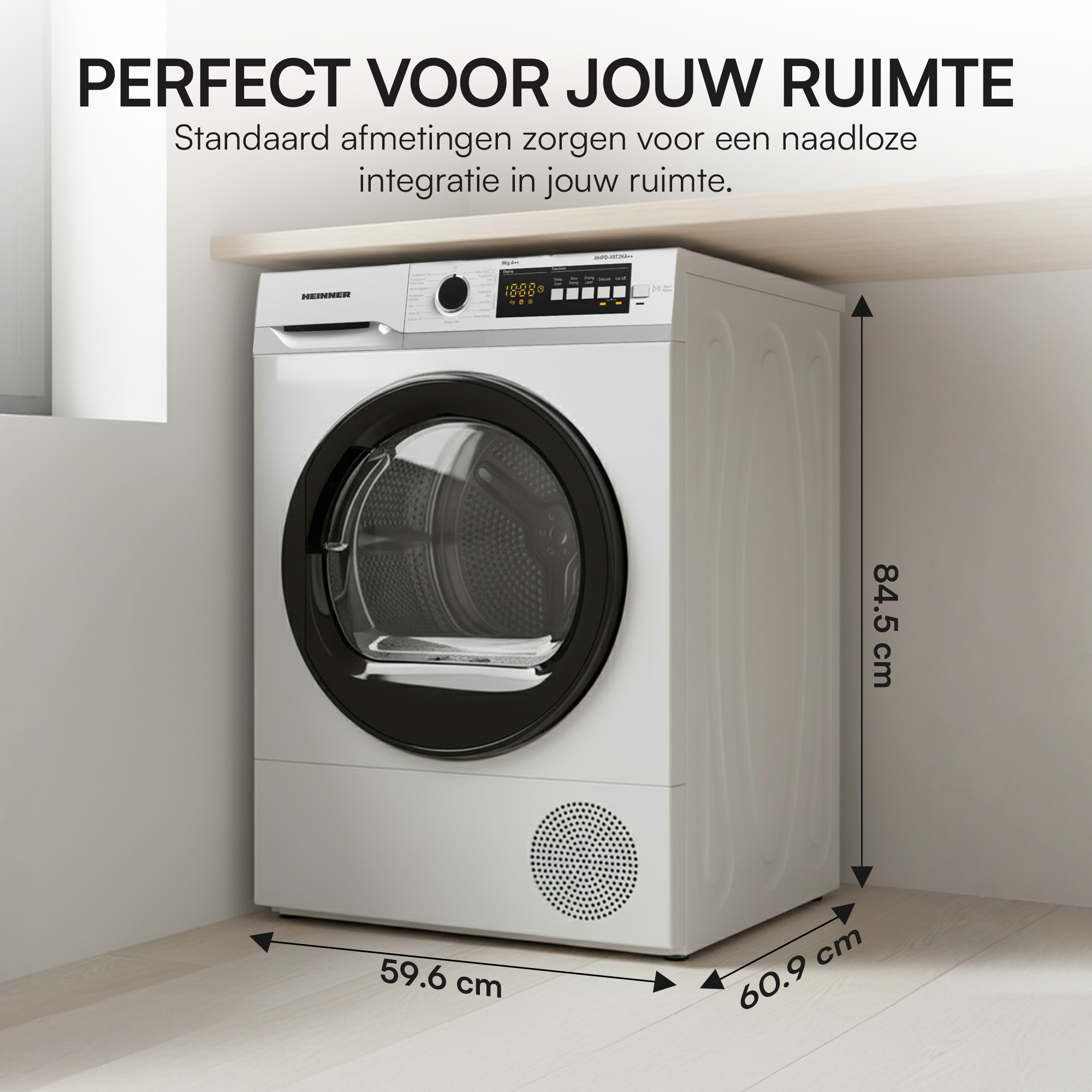 White dryer with black door. Dimensions are shown: 59.6 cm, 60.9 cm, 84.5 cm. Text at the top: PERFECT VOOR JOUW RUIMTE.
