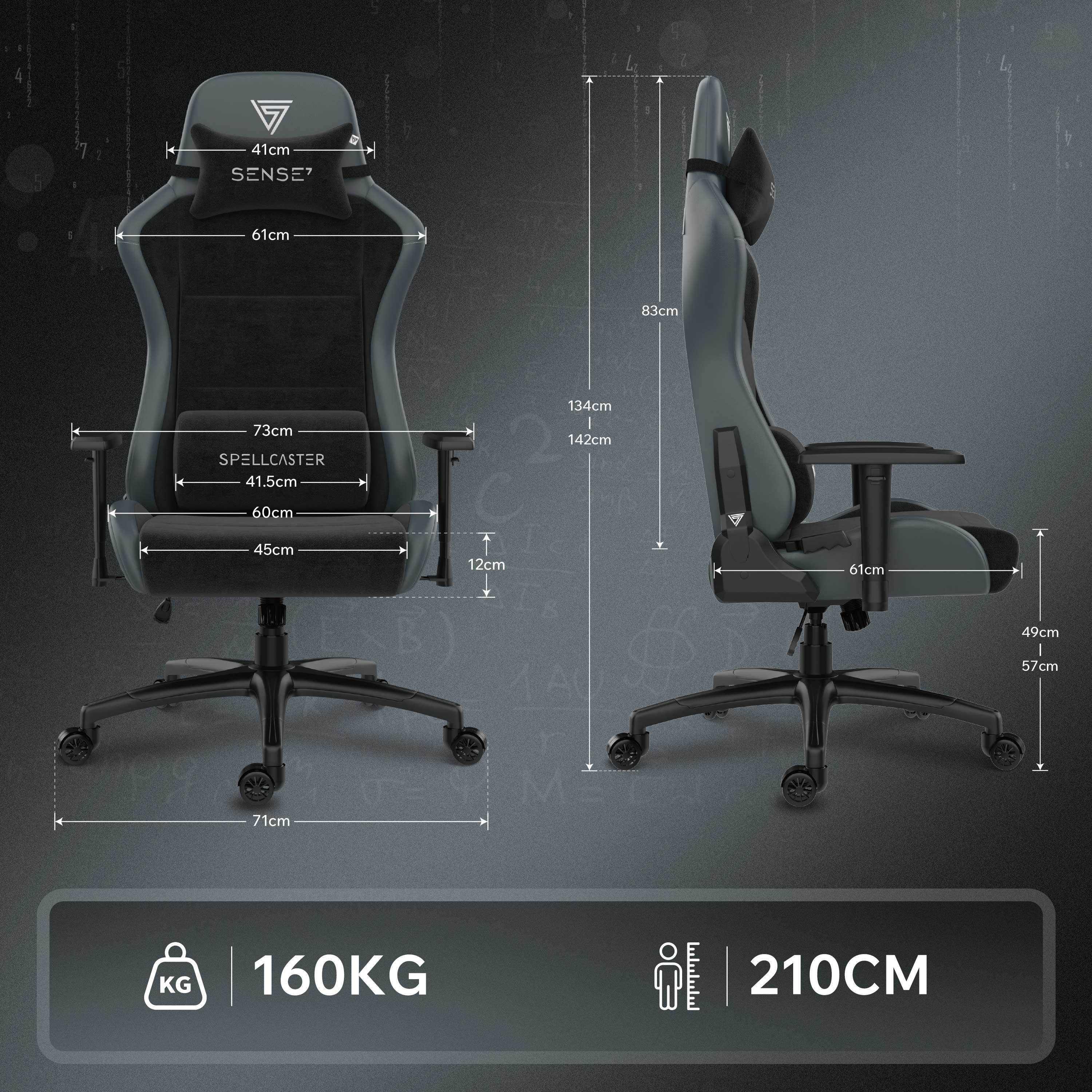 Een gaming stoel met afmetingen. Hij is grijs en zwart met een hoofdsteun. Afmetingen en gewicht worden weergegeven.