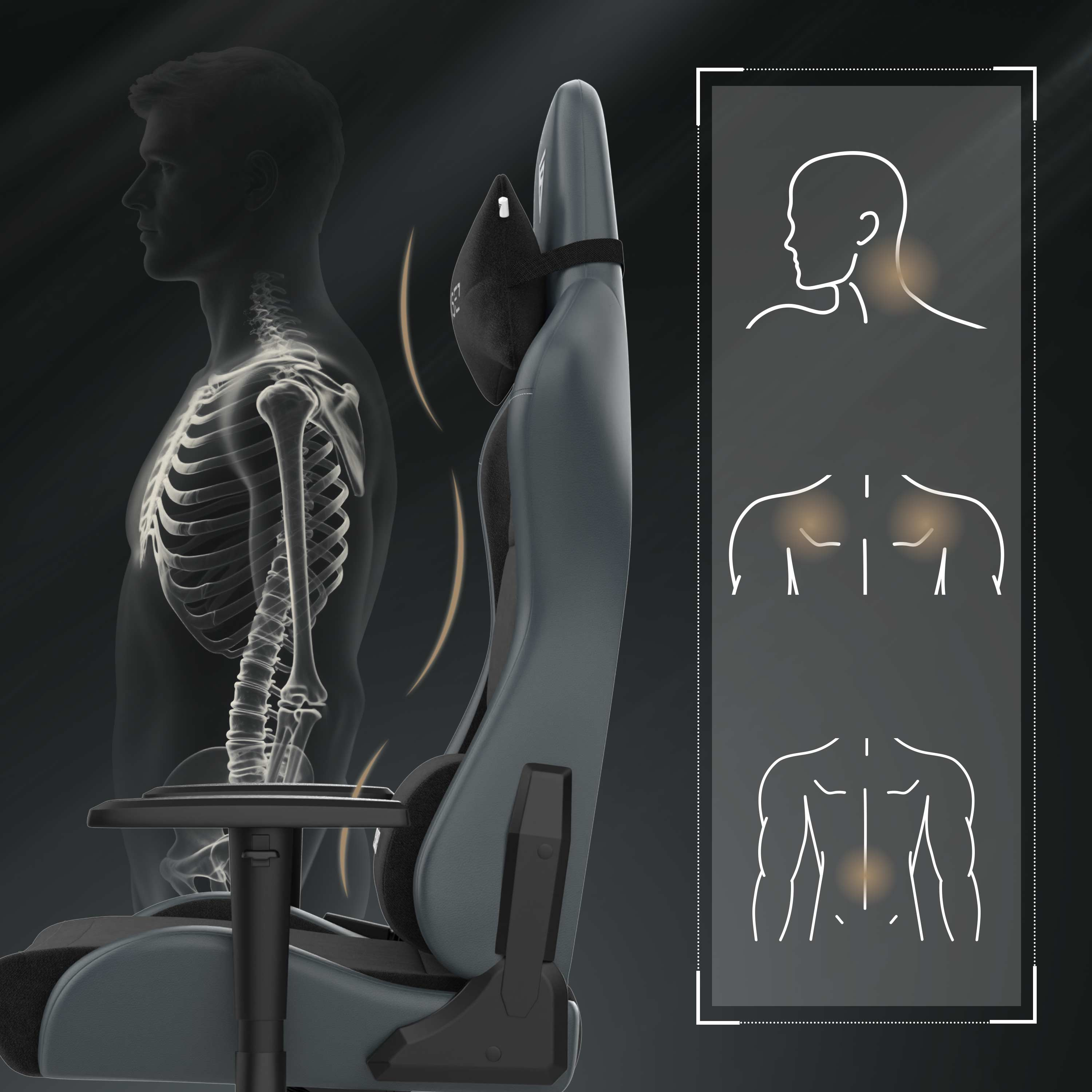 Een stoel met hoofdsteun en lendensteun. Zijaanzicht en skeletstructuur van een persoon worden getoond.