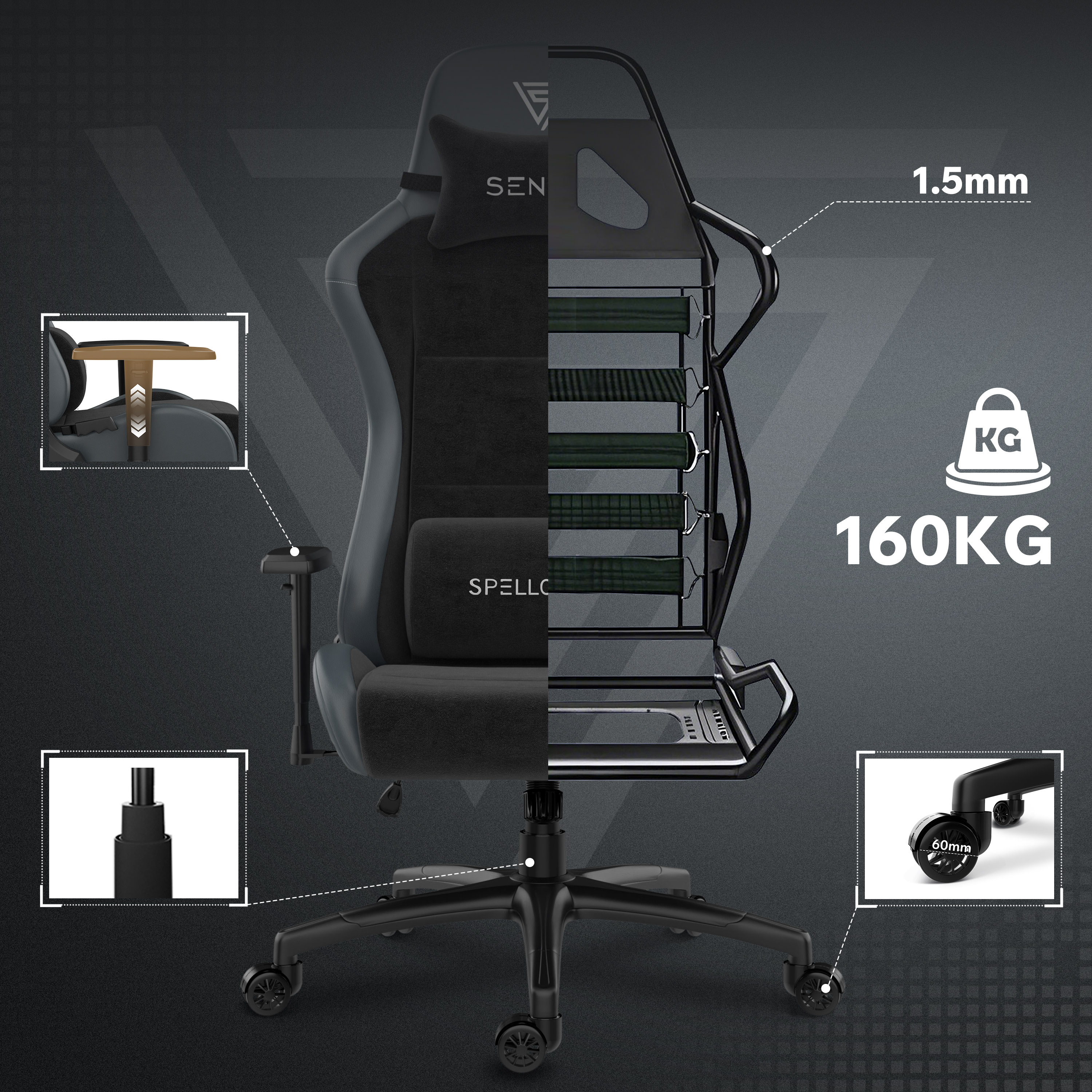 Gaming stoel, in tweeën gesneden. Toont het frame en details, inclusief gewicht, armleuningen, wielen en rugleuning.