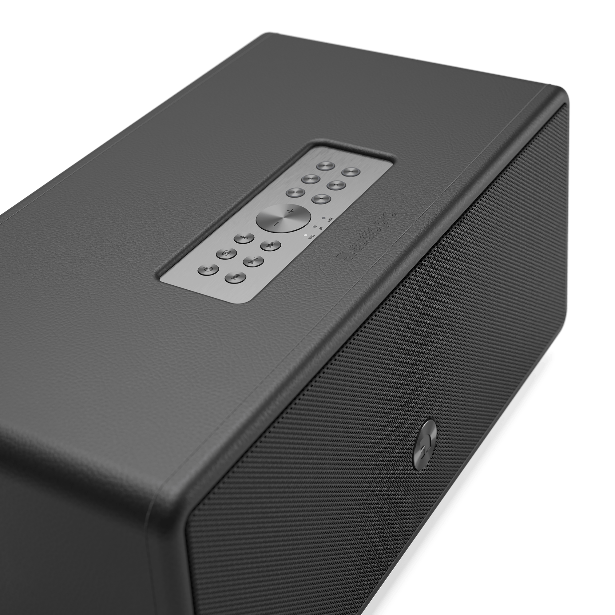 A black speaker with a control panel on top. The speaker has a textured surface and a mesh front.